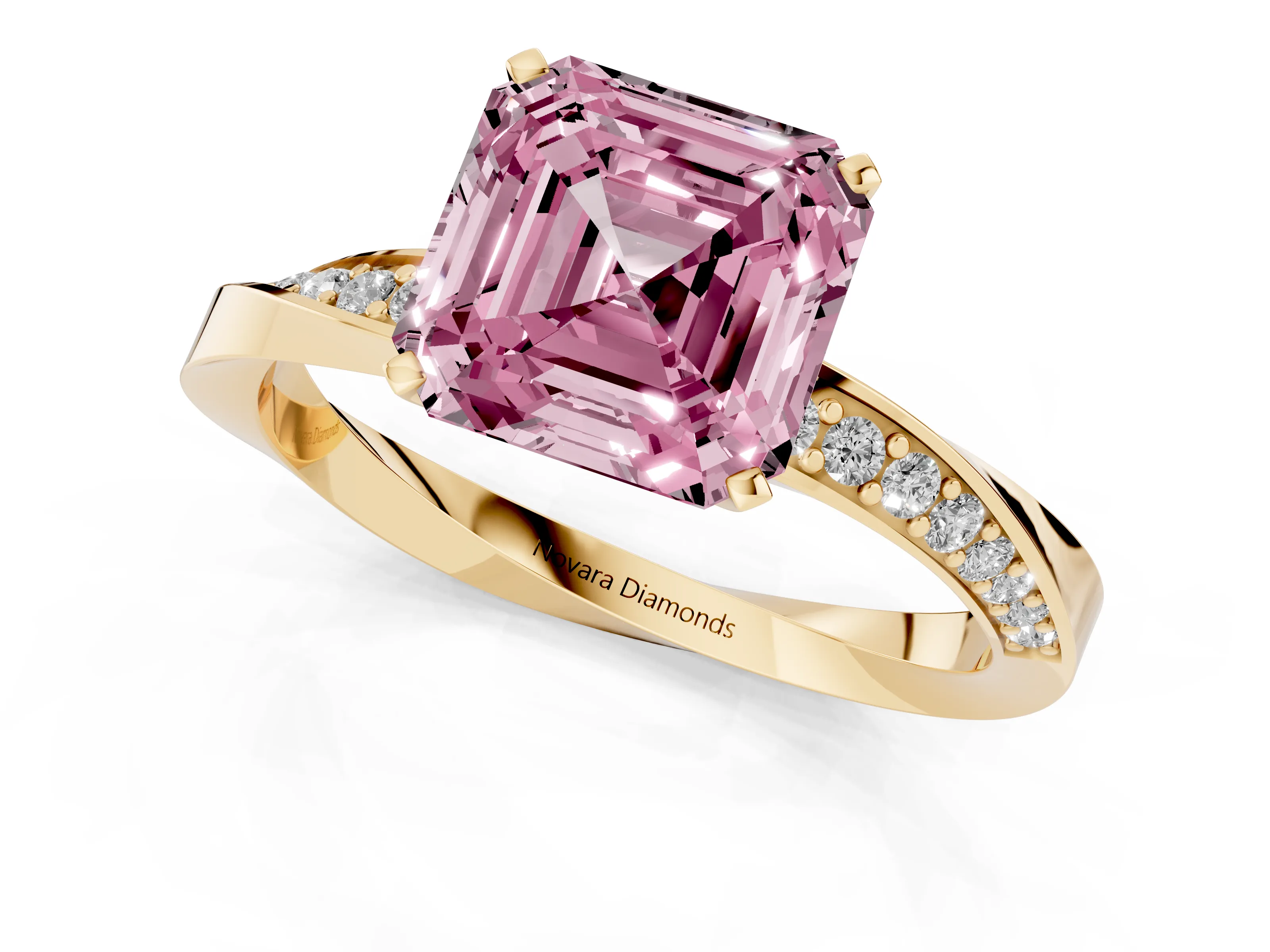 Fancy Pink Asscher Cut Diamond Engagement Ring Set in Yellow gold with Side Stone Accents and Prong Setting