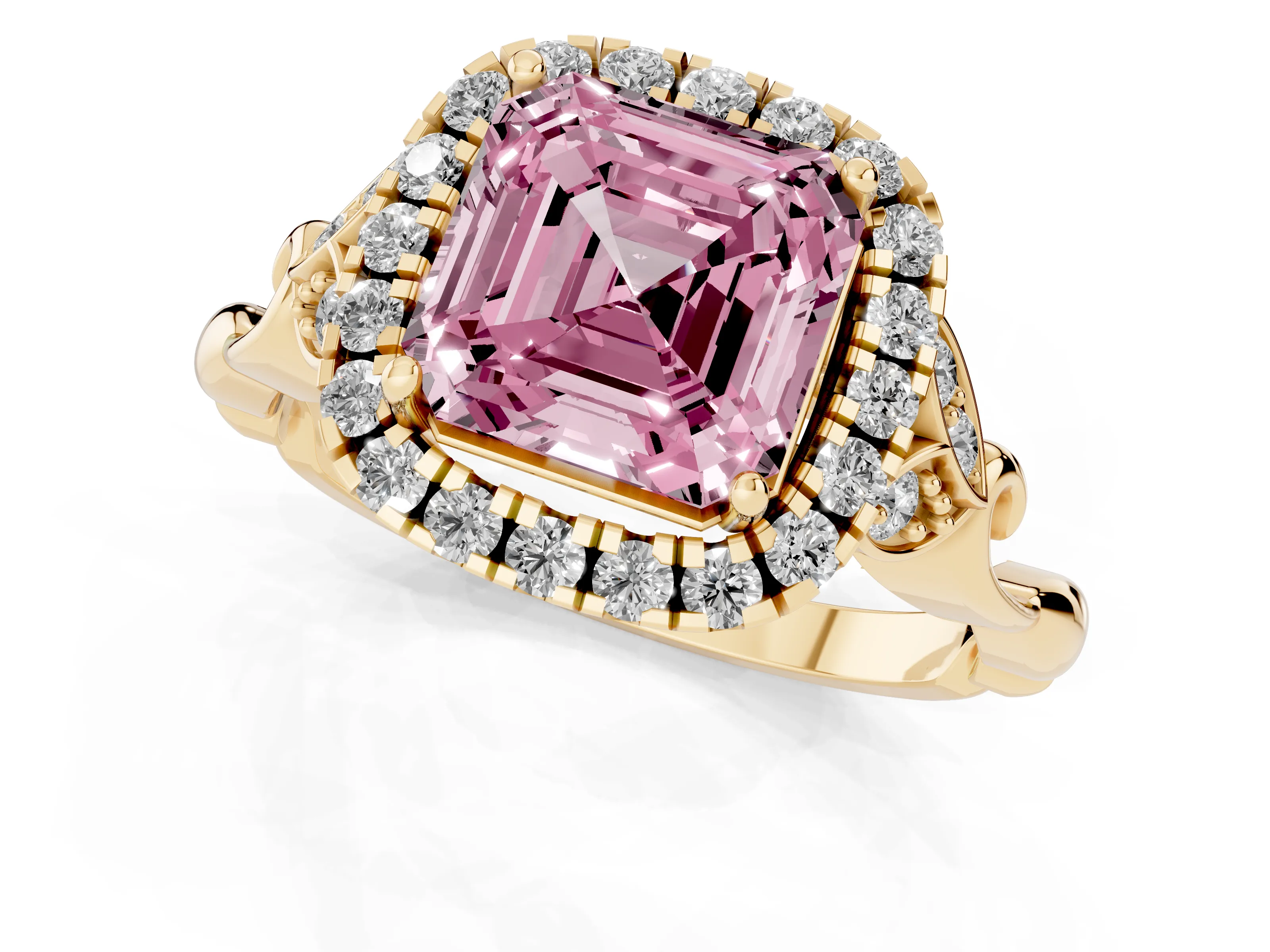 Fancy Pink Asscher Cut Diamond Halo Engagement Ring Set in Yellow gold with Vintage-Inspired Band and Prong Setting