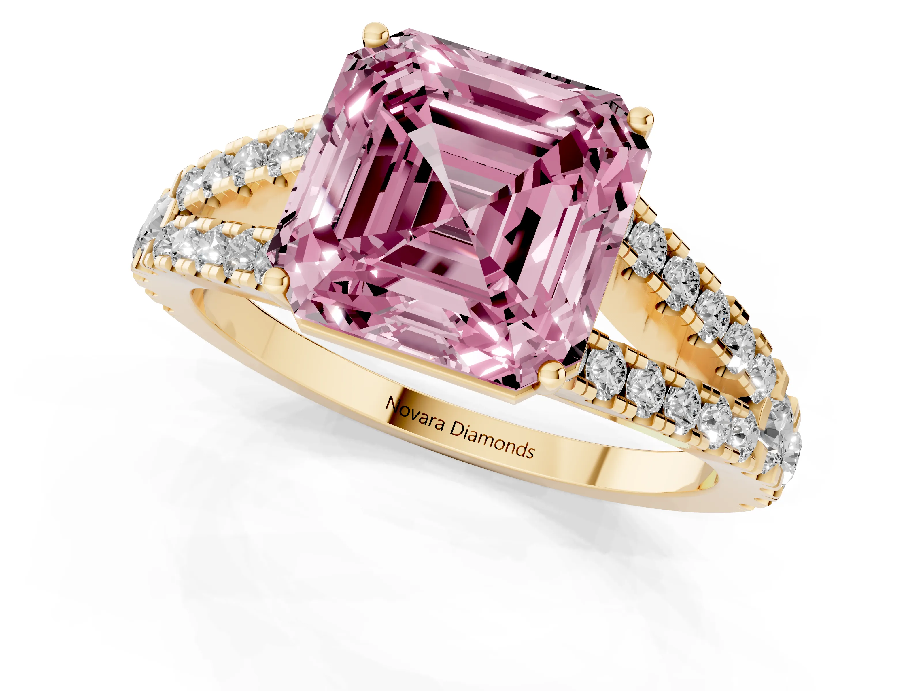 Fancy Pink Asscher Cut Diamond Split Shank Pavé Engagement Ring Set in Yellow gold with Prong-Held Center Stone