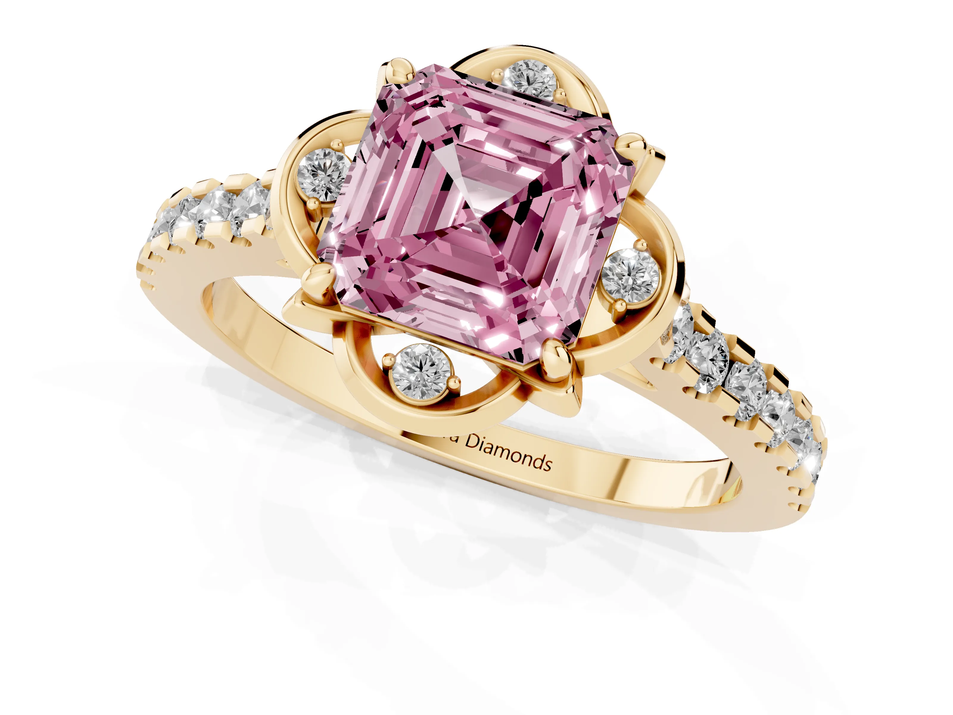 Fancy Pink Asscher Cut Diamond Solitaire Ring Set in Yellow gold with Pavé Band and Floral Prong Setting