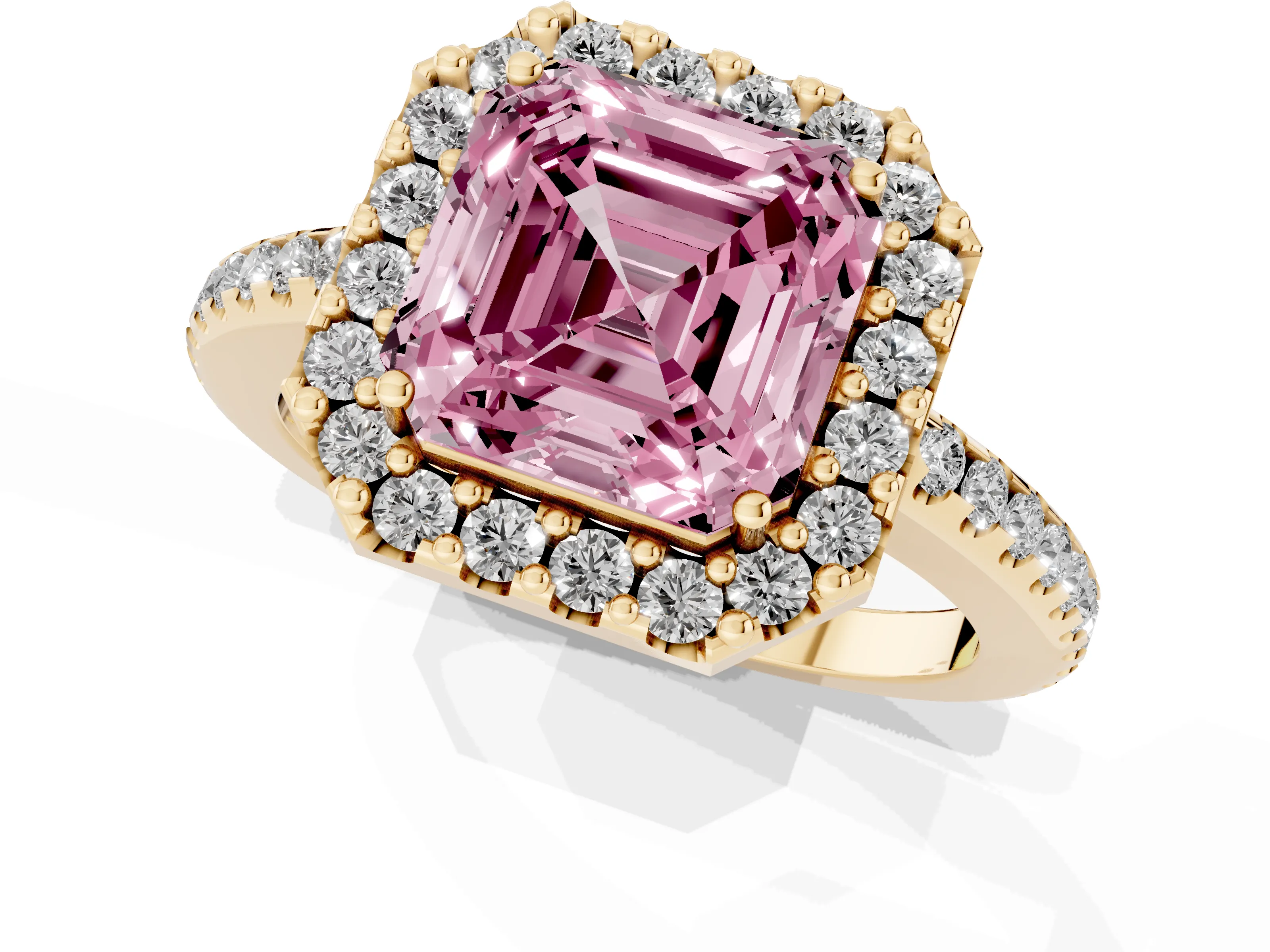 Fancy Pink Asscher Cut Diamond Pavé Halo Ring Set in Yellow gold with Prong Setting
