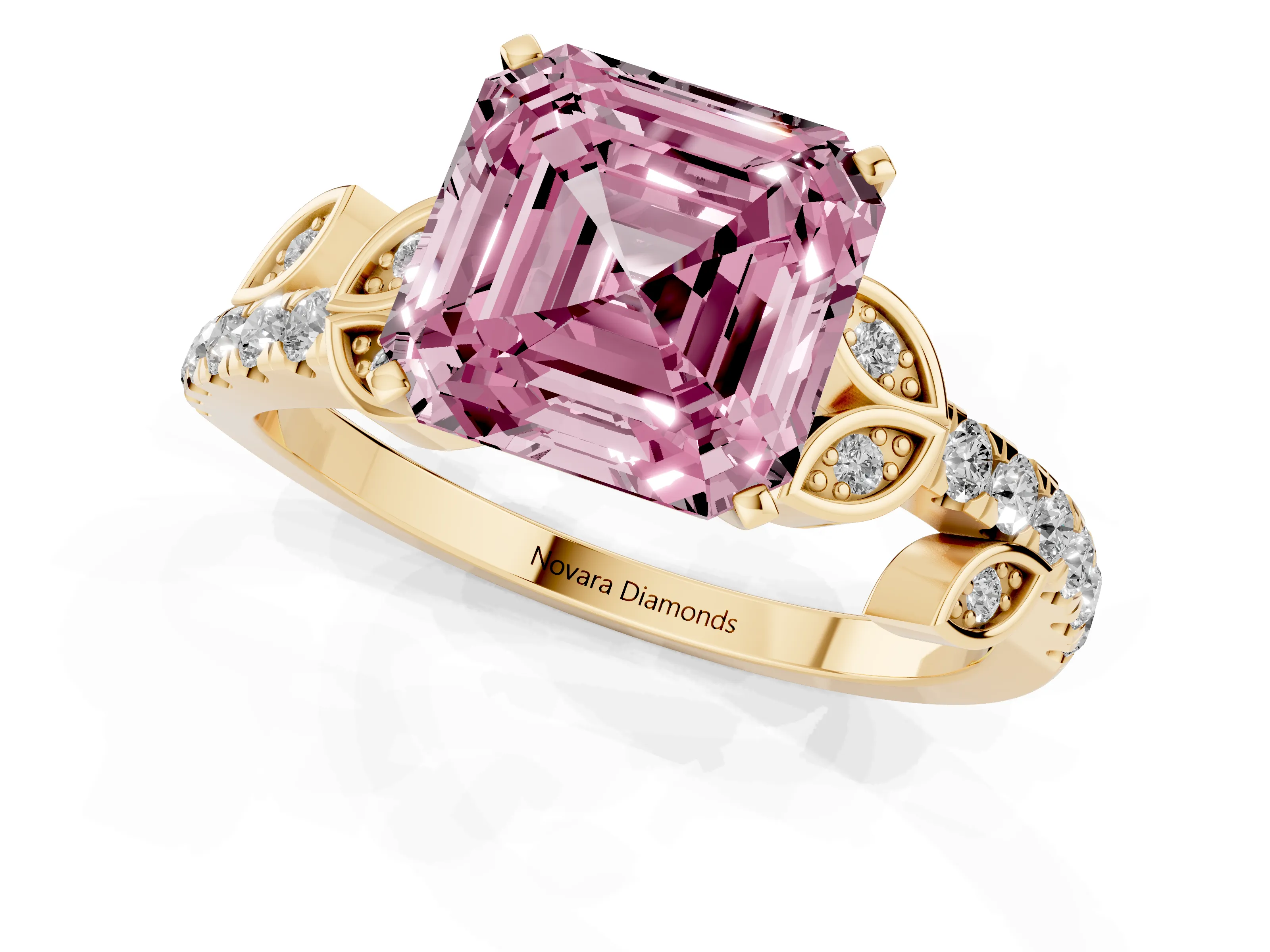 Fancy Pink Asscher Cut Diamond Solitaire Leaf-Inspired Ring Set in Yellow gold with Pavé Band and Prong Setting