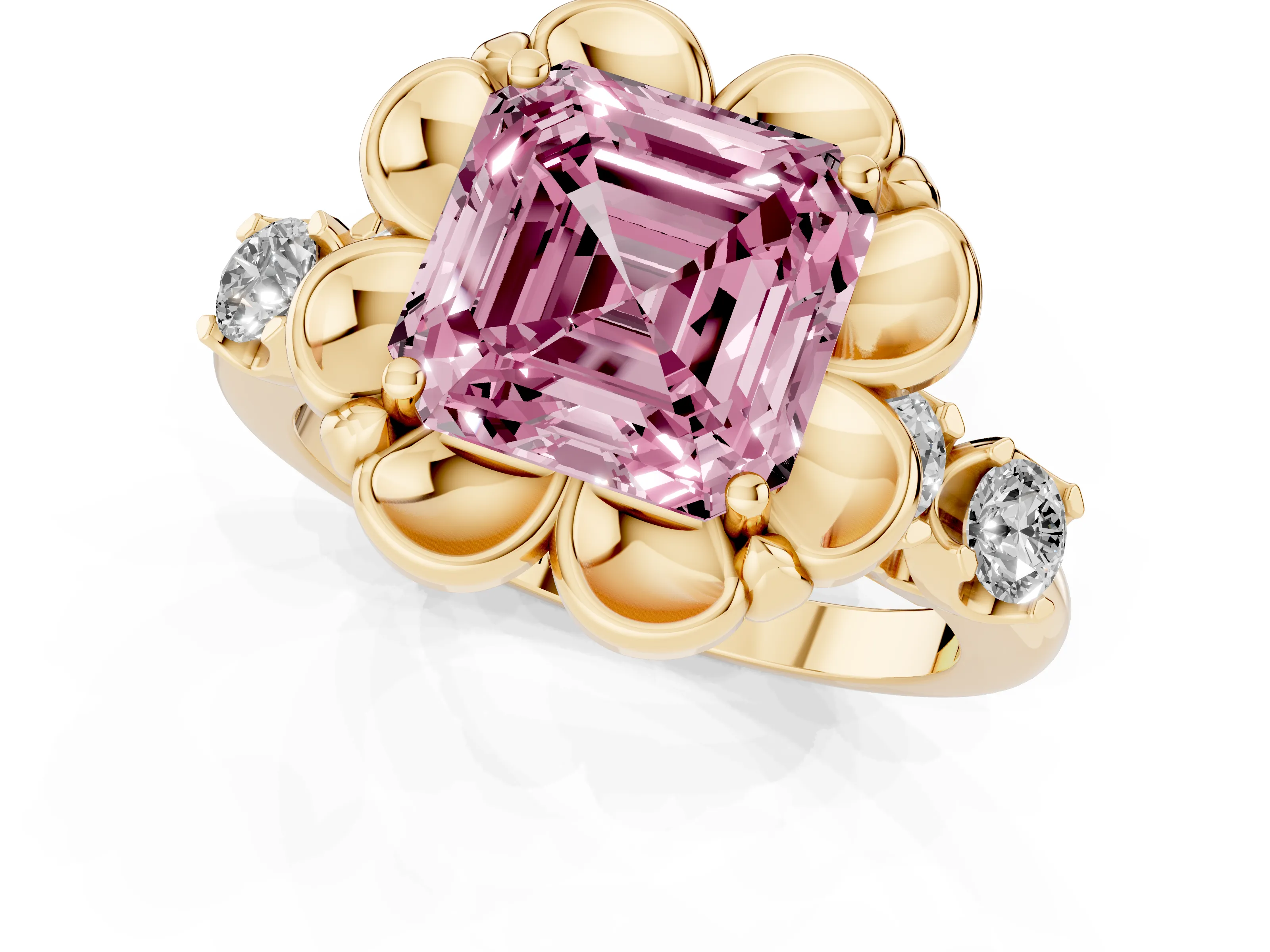 Fancy Pink Asscher Cut Diamond Floral Halo Ring Set in Yellow gold with Shared Prong Band