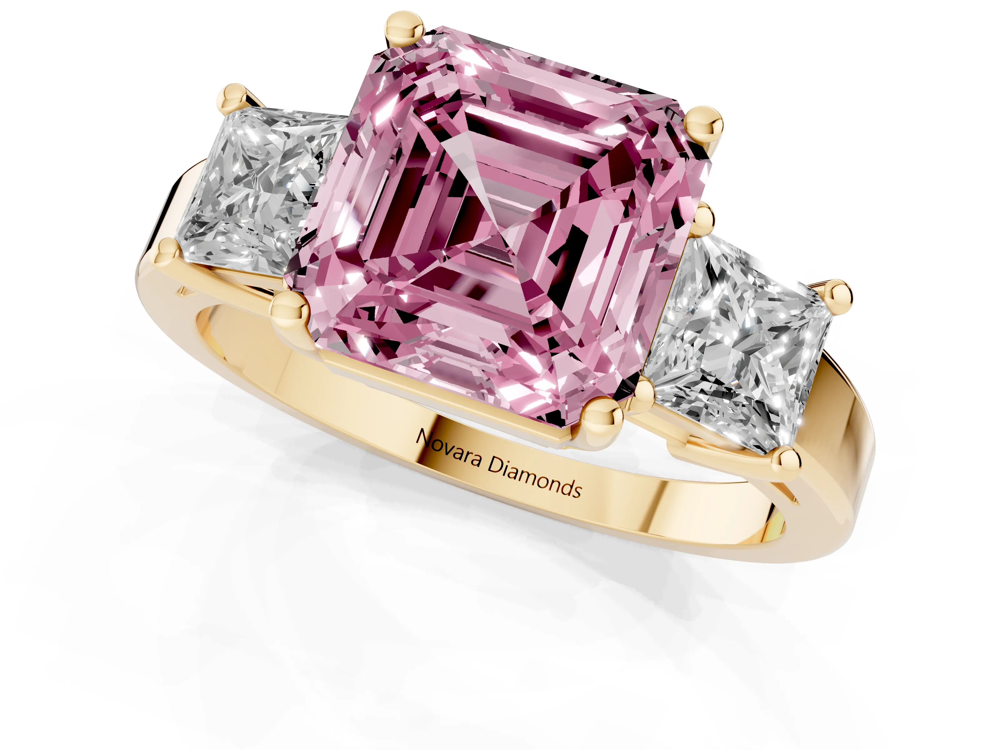 Fancy Pink Three-Stone Asscher Cut Diamond Solitaire Ring Set in Yellow gold with Prong Setting