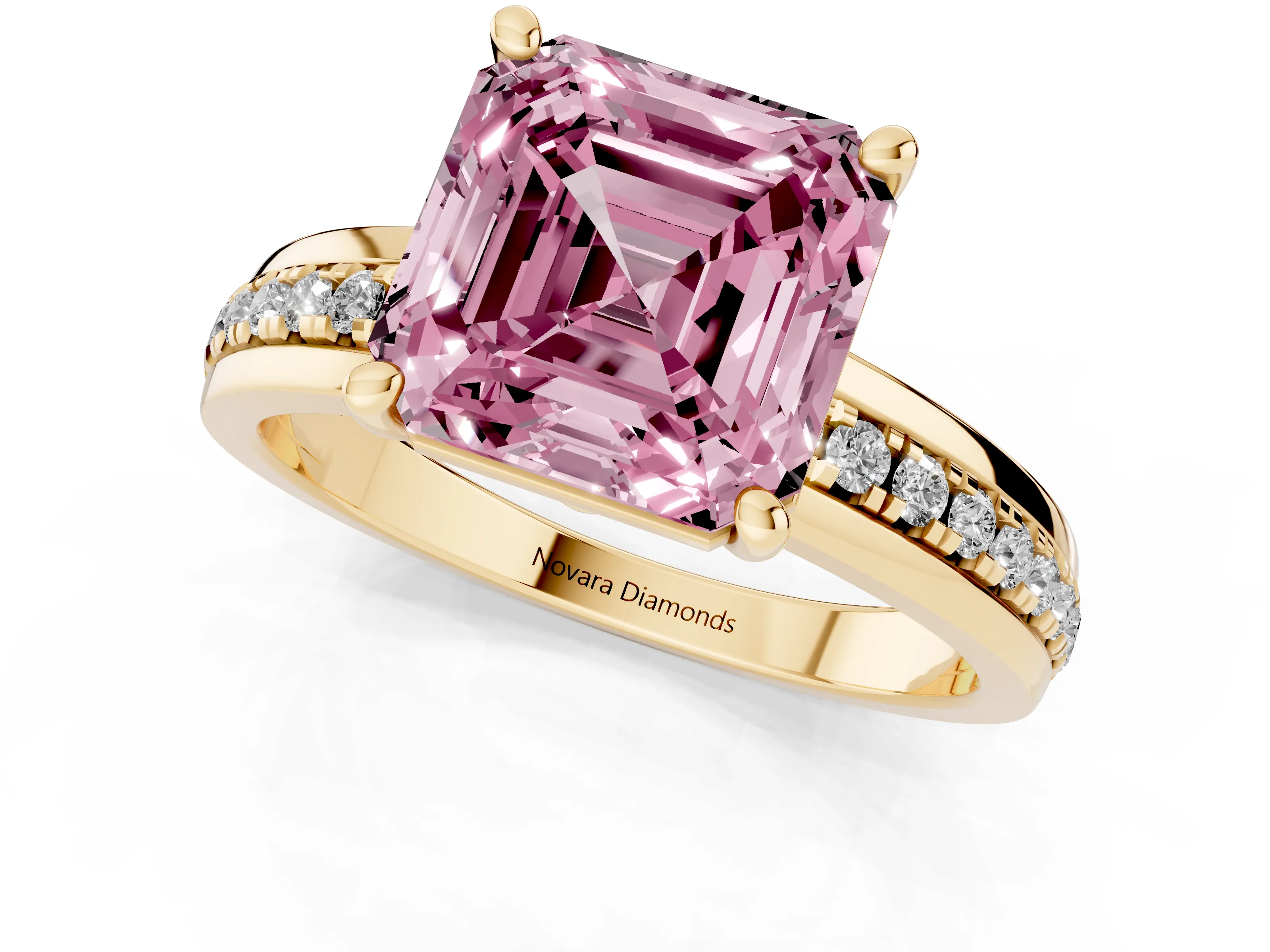 Fancy Pink Asscher Cut Diamond Solitaire Ring Set in Yellow gold with Channel Set Band and Prong Setting