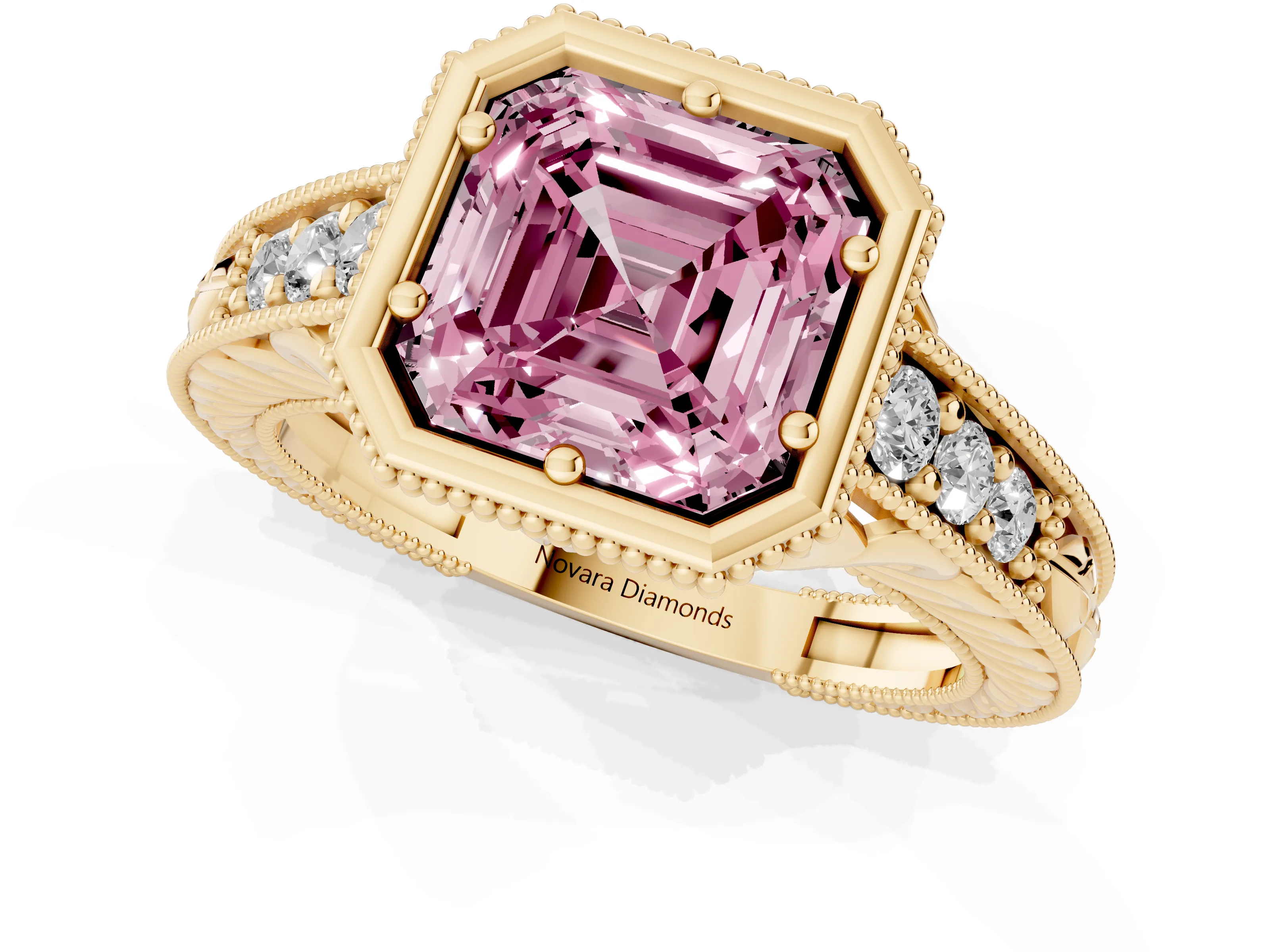 Fancy Pink Bezel Set Asscher Cut Diamond Milgrain Pavé Engagement Ring Set in Yellow gold