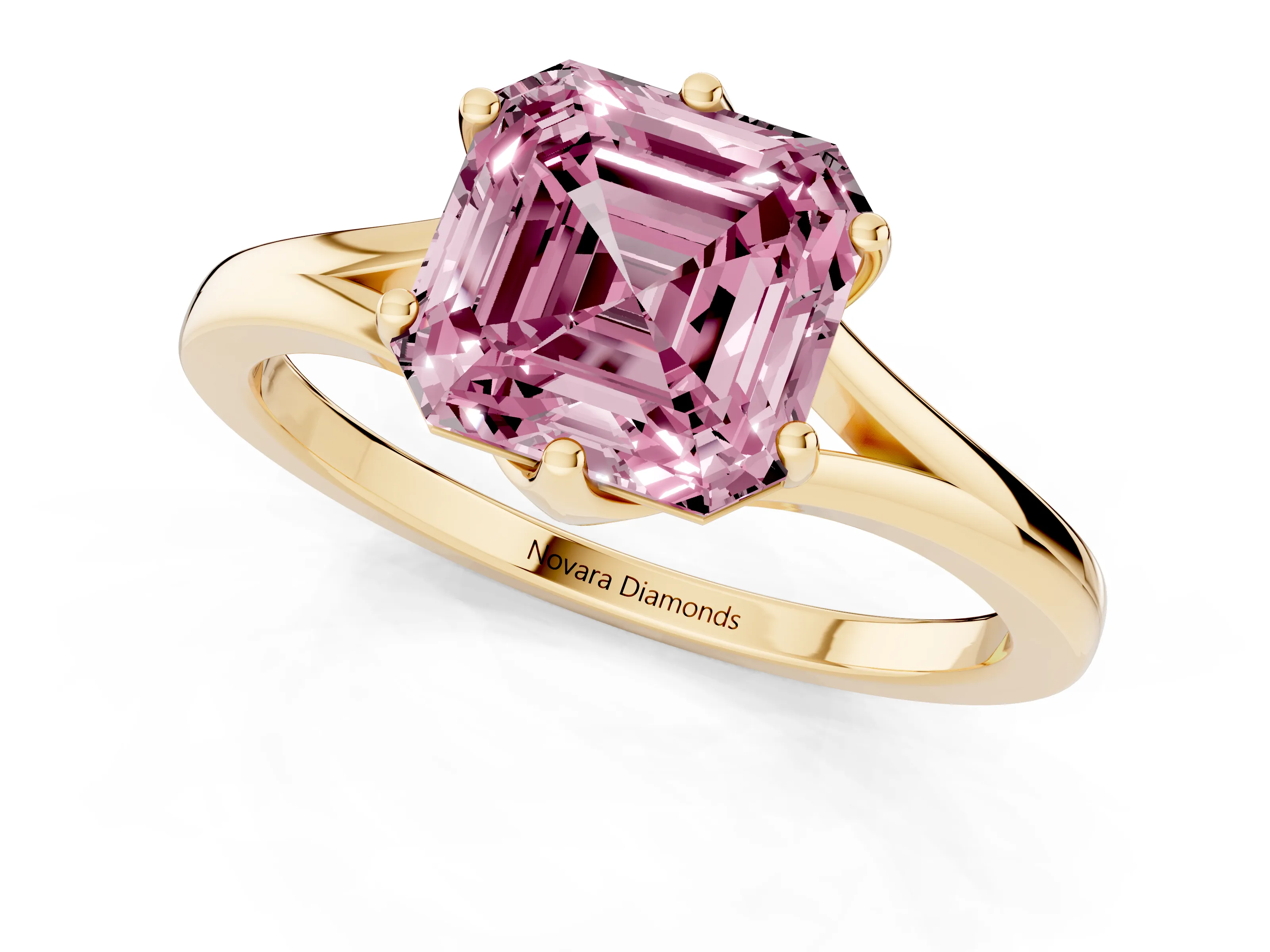 Fancy Pink Asscher Cut Diamond Solitaire Ring Set in Yellow gold with Polished Tapered Band and Prong Setting