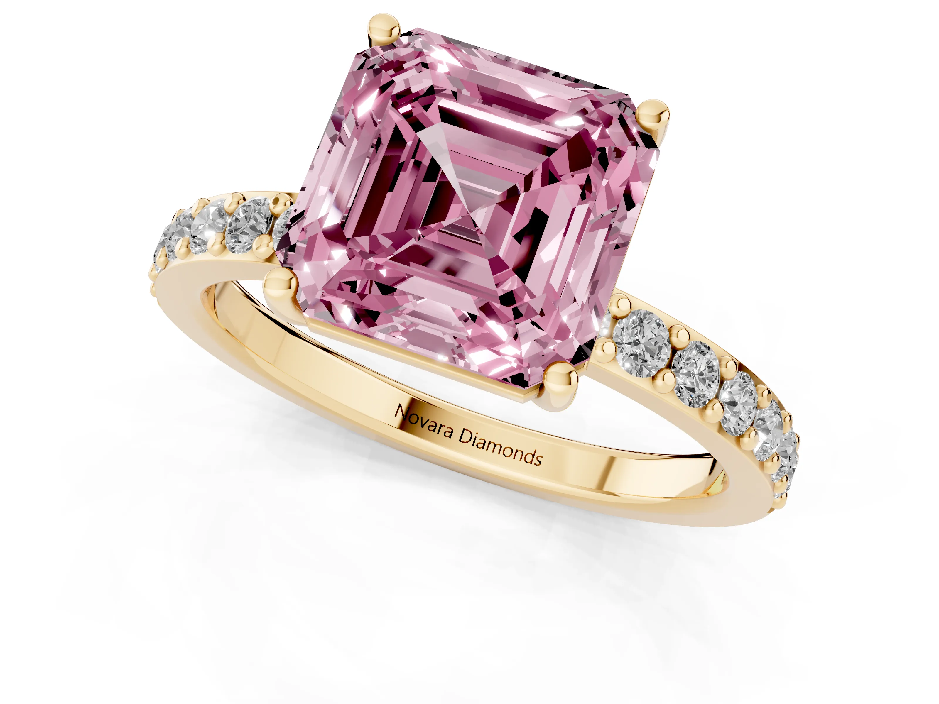 Fancy Pink Asscher Cut Diamond Solitaire Set in Yellow gold with Round Pavé Band and Prong Setting