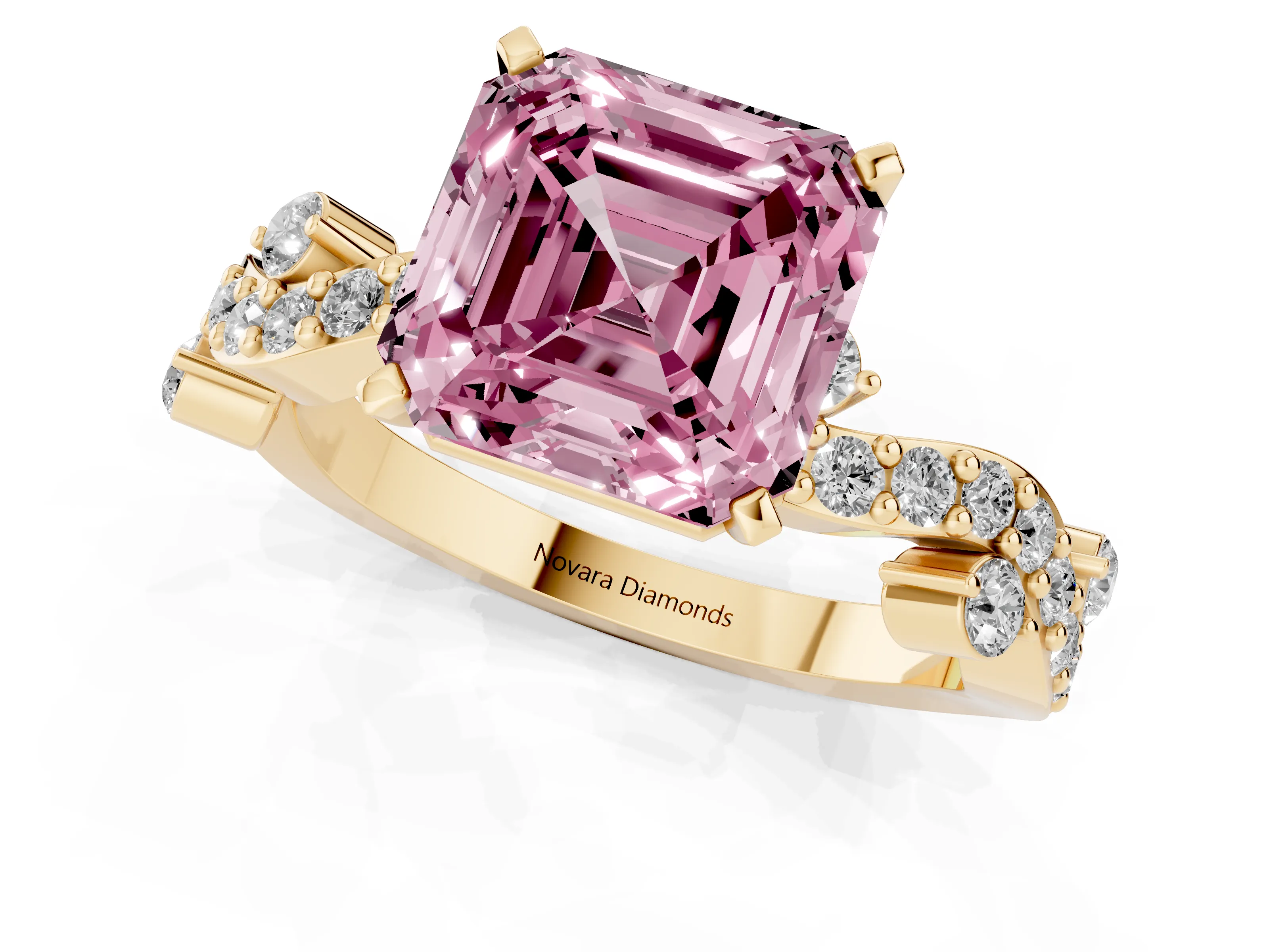 Fancy Pink Asscher Cut Diamond Solitaire Twisted Band Set in Yellow gold with Pavé Setting