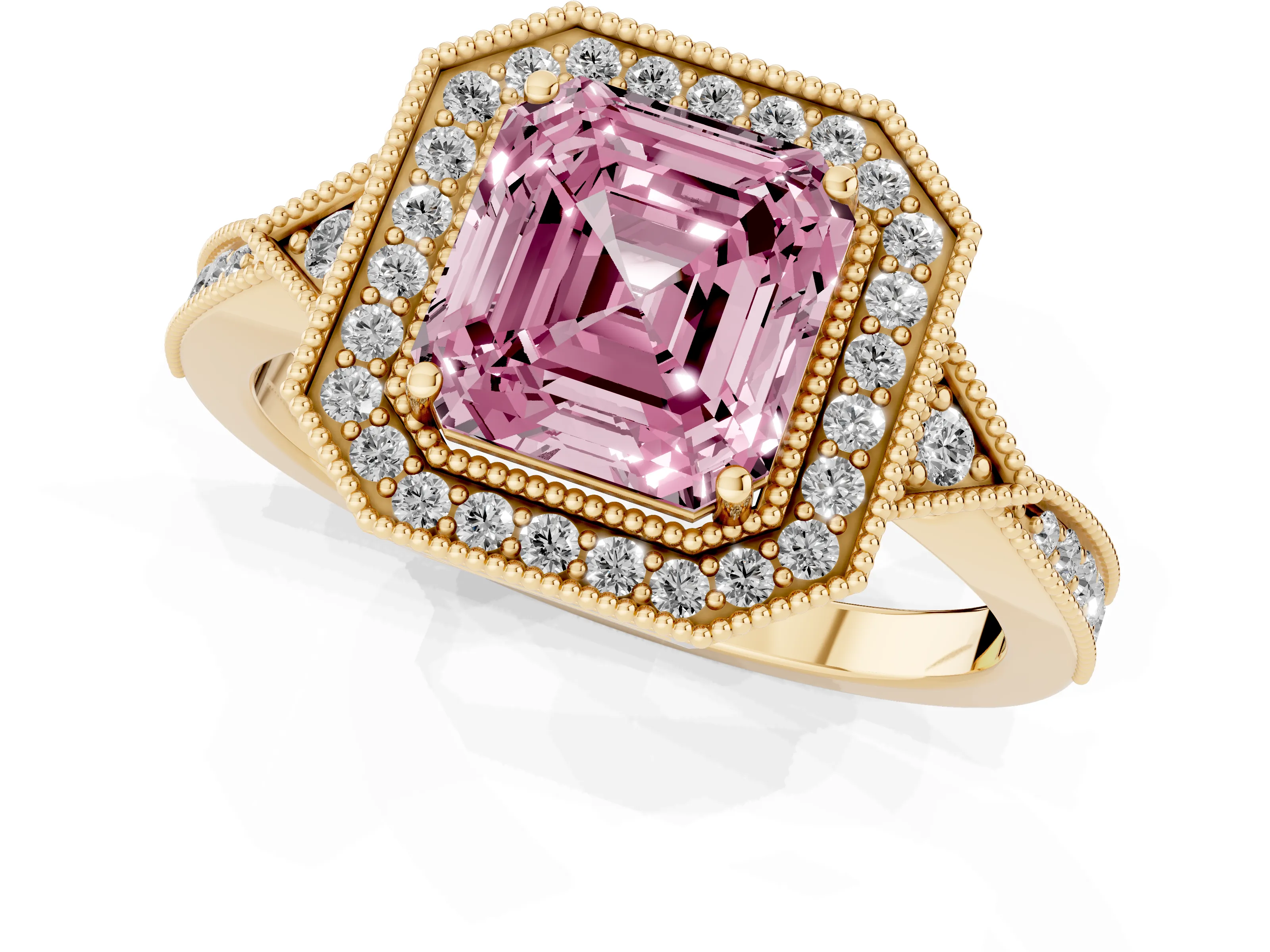 Fancy Pink Asscher Cut Diamond Halo Engagement Ring Set in Yellow gold with Milgrain Pavé Band