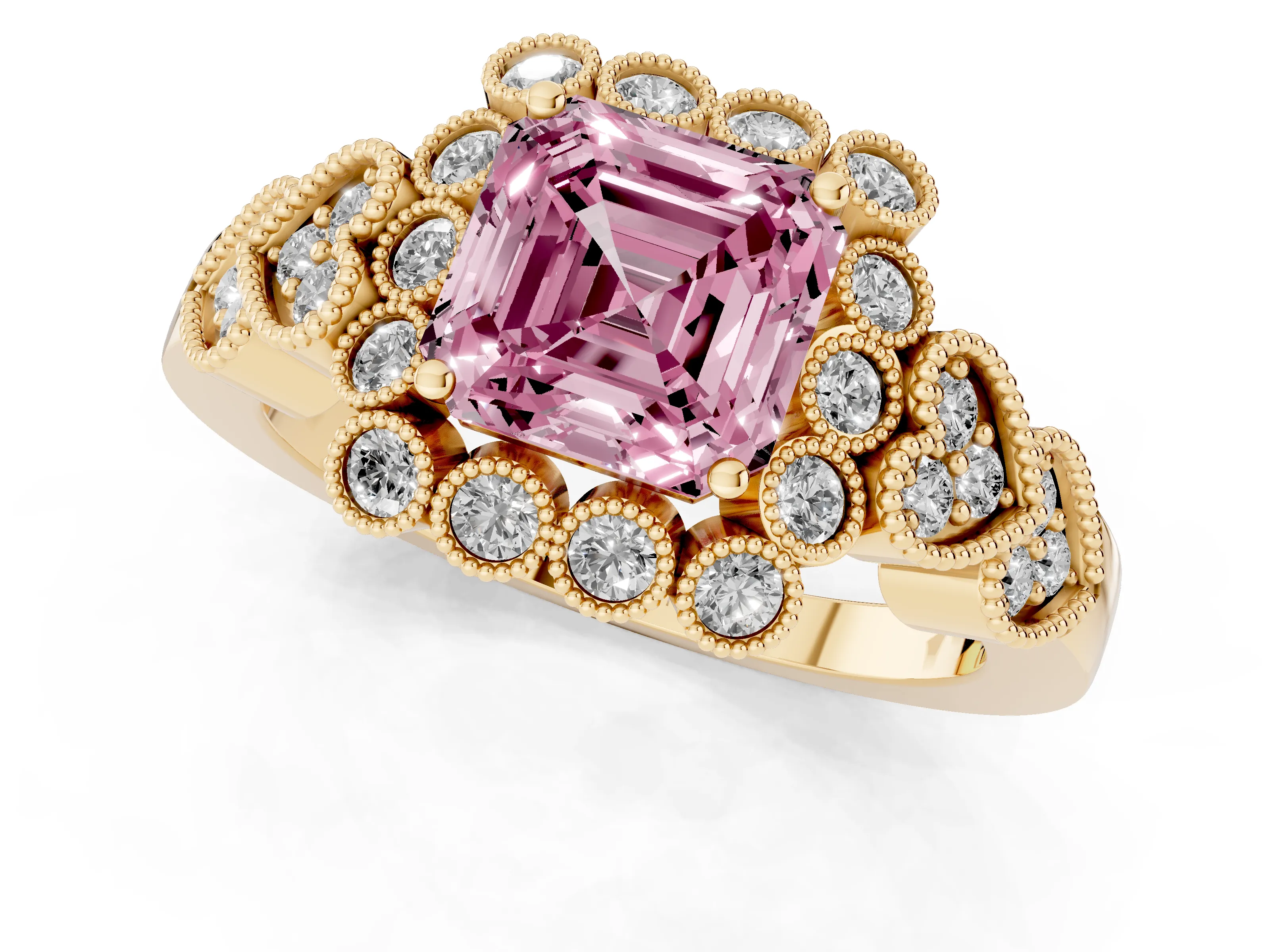 Fancy Pink Asscher Cut Diamond Solitaire Ring Set in Yellow gold with Milgrain Pavé Heart Band