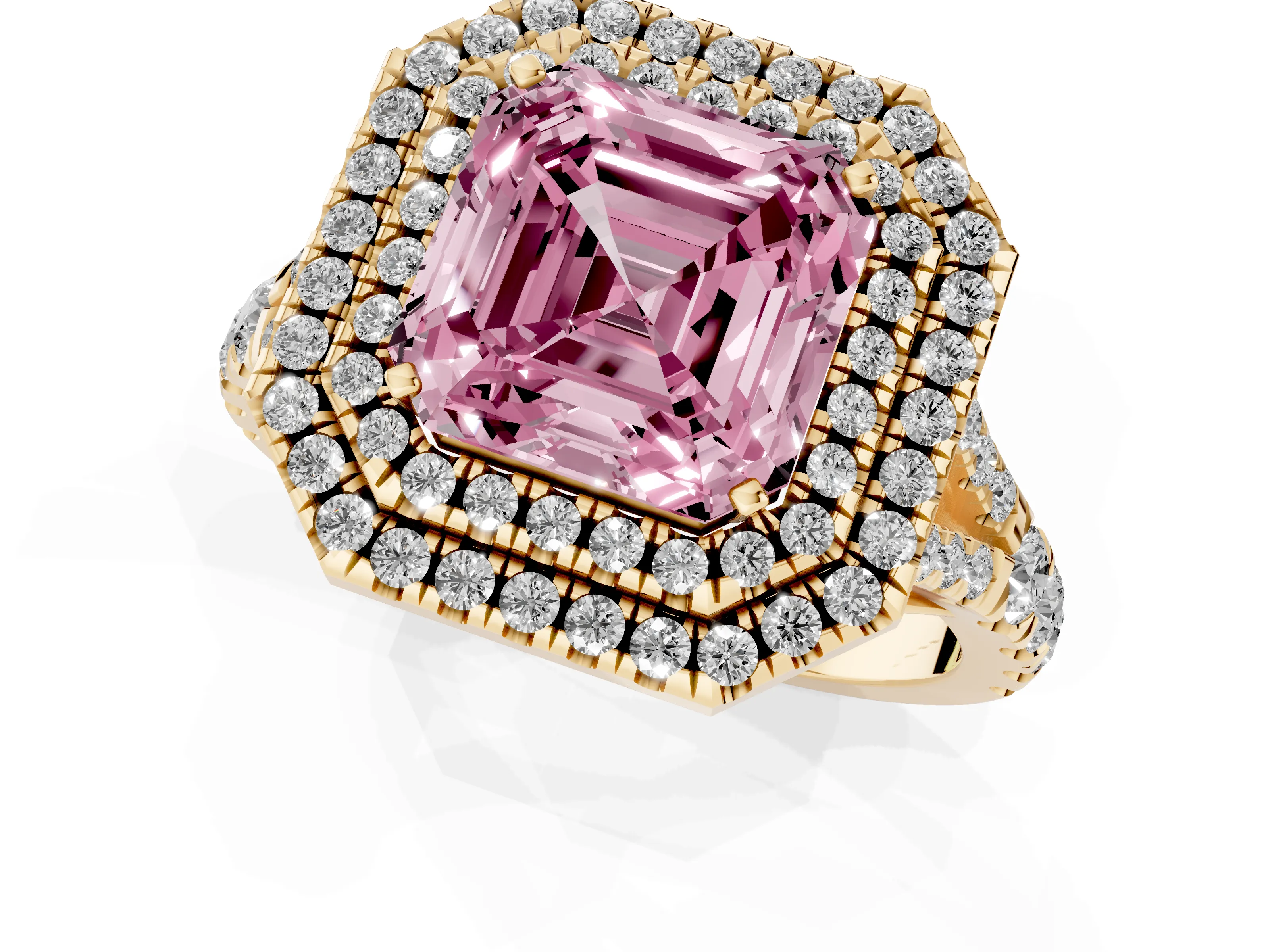 Fancy Pink Asscher Cut Diamond Pavé Split Shank Double Halo Engagement Ring Set in Yellow gold