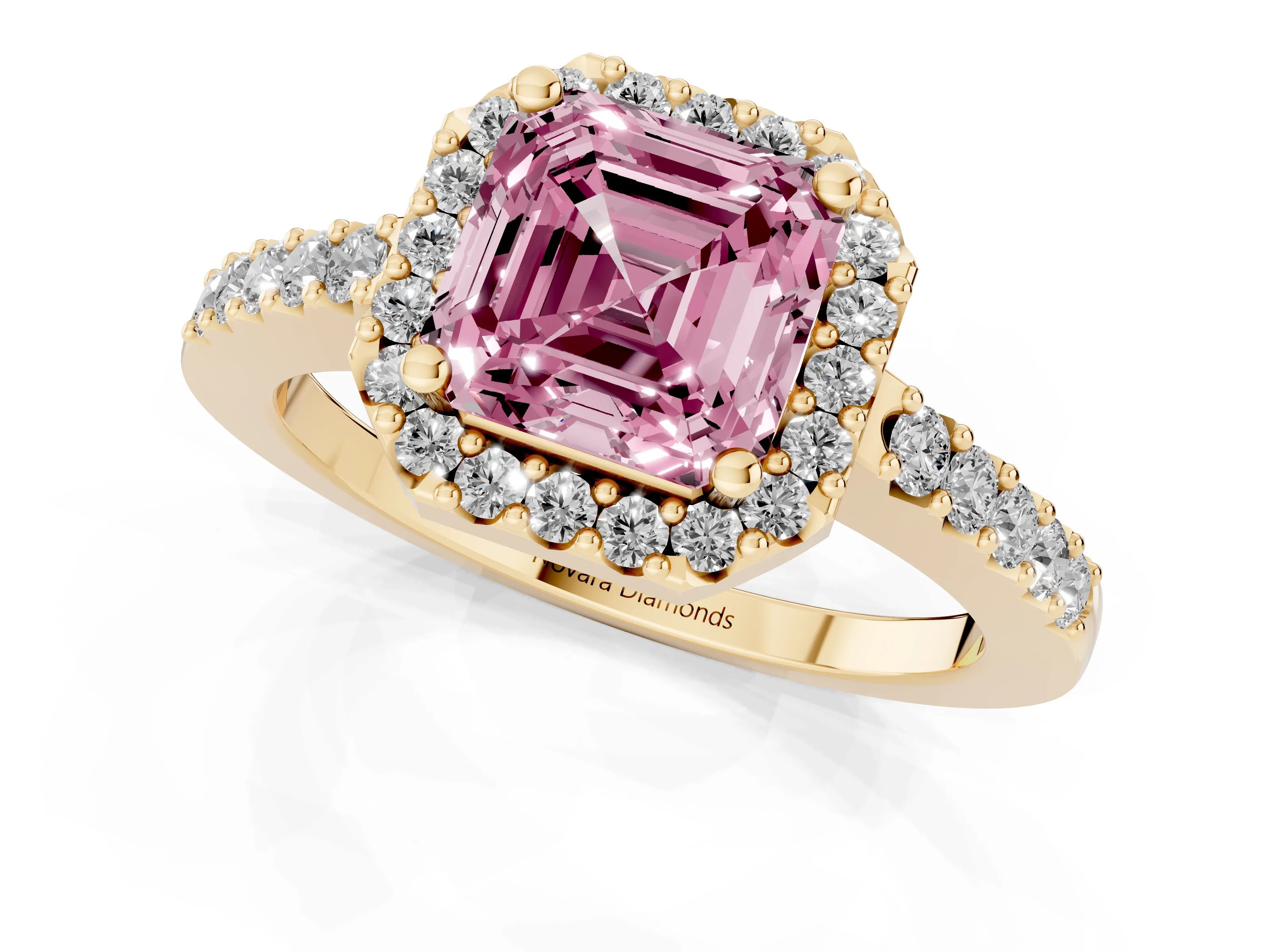 Fancy Pink Asscher Cut Diamond Halo Pavé Solitaire Ring Set in Yellow gold with Prong-Set Center Stone