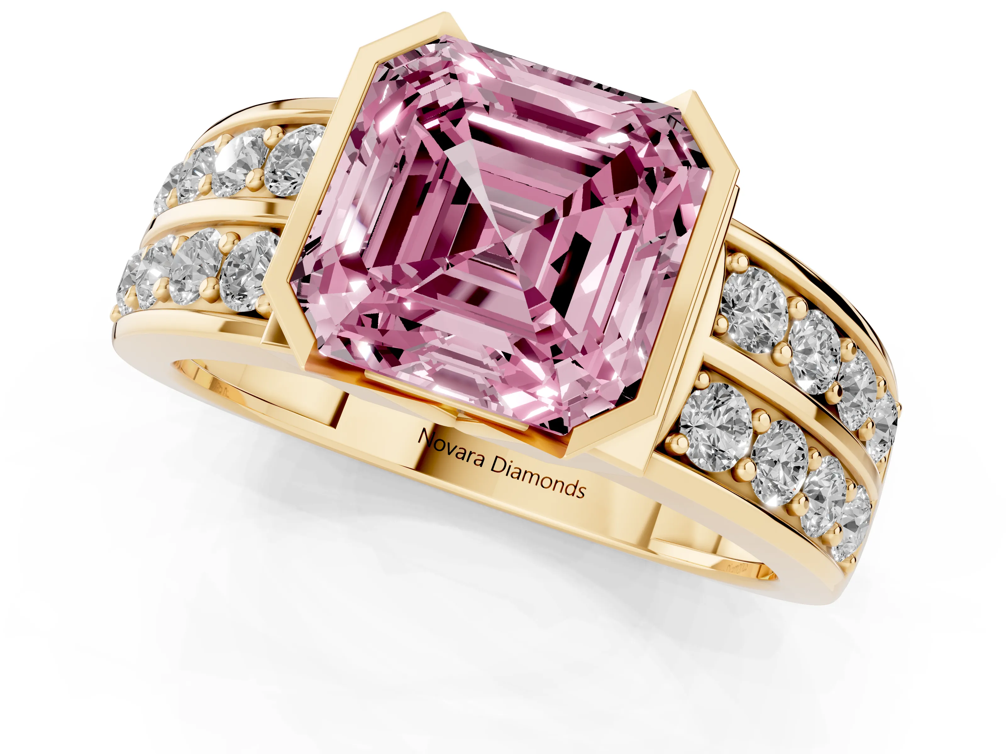 Fancy Pink Asscher Cut Diamond Wide Channel Set Band Ring Set in Yellow gold with Bezel Setting