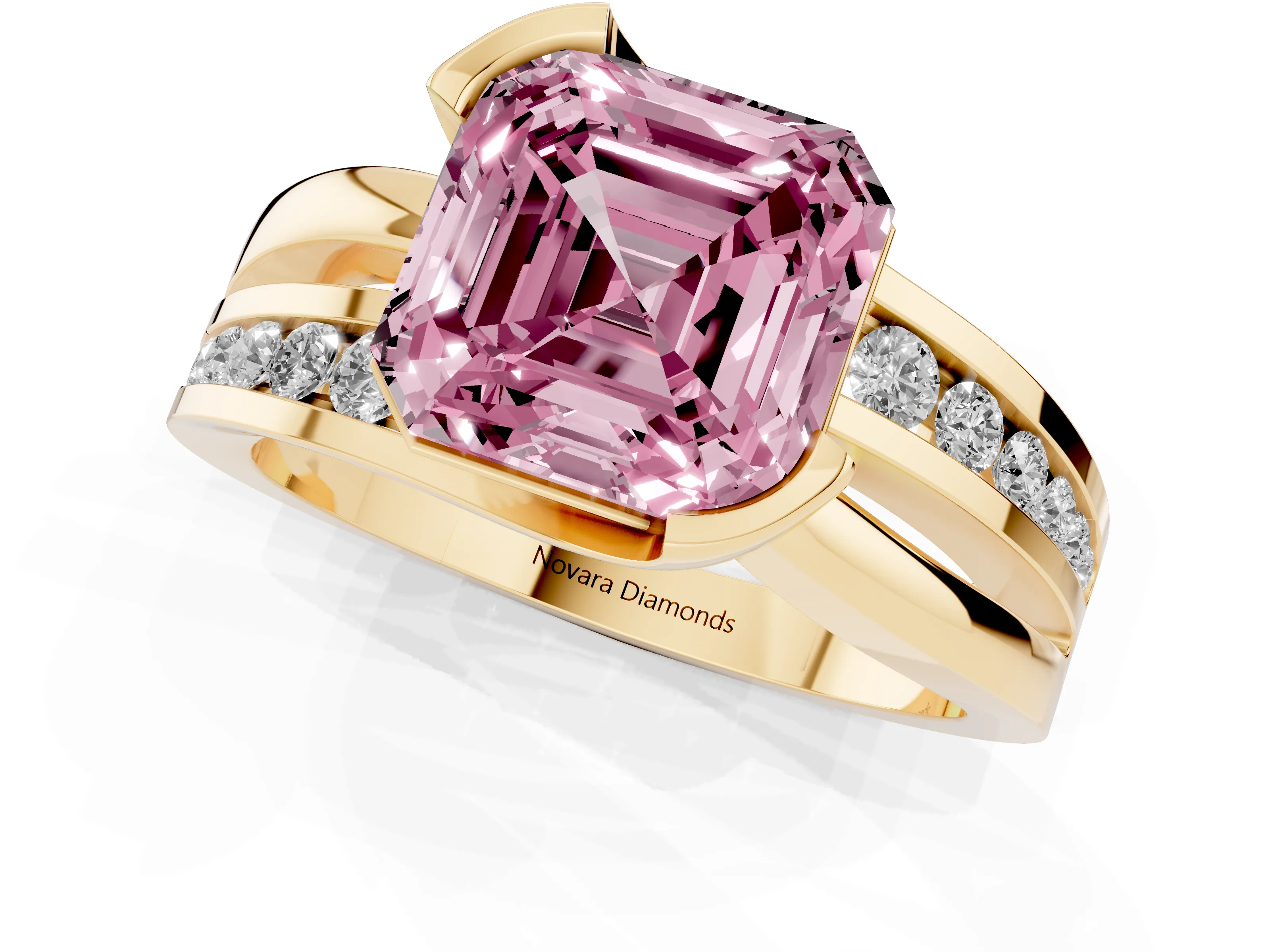 Fancy Pink Asscher Cut Diamond Solitaire Ring Set in Yellow gold with Channel Set Split Shank and Tension Prongs