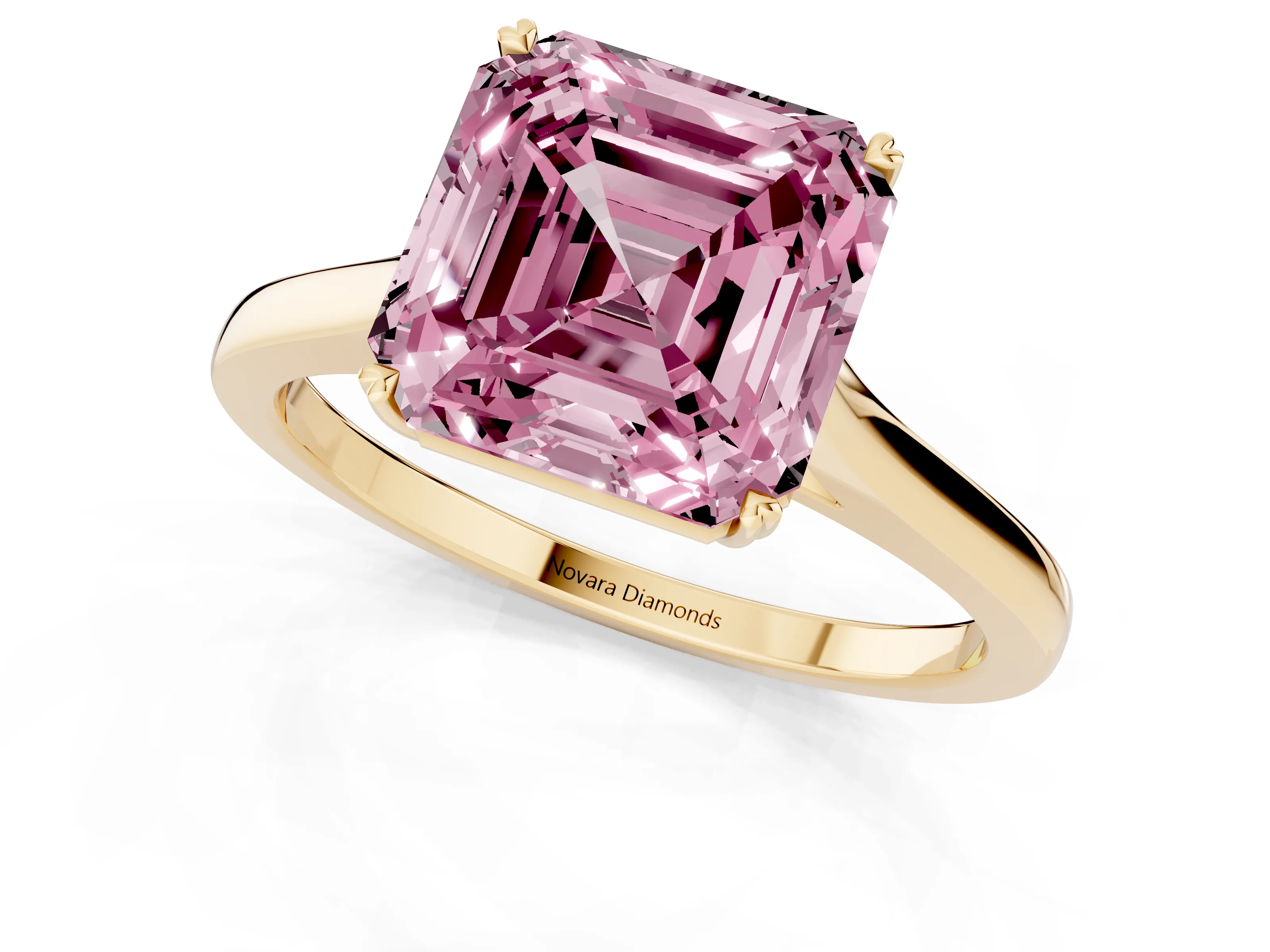 Fancy Pink Asscher Cut Diamond Solitaire Heart Prong Engagement Ring Set in Yellow gold with Tapered Band