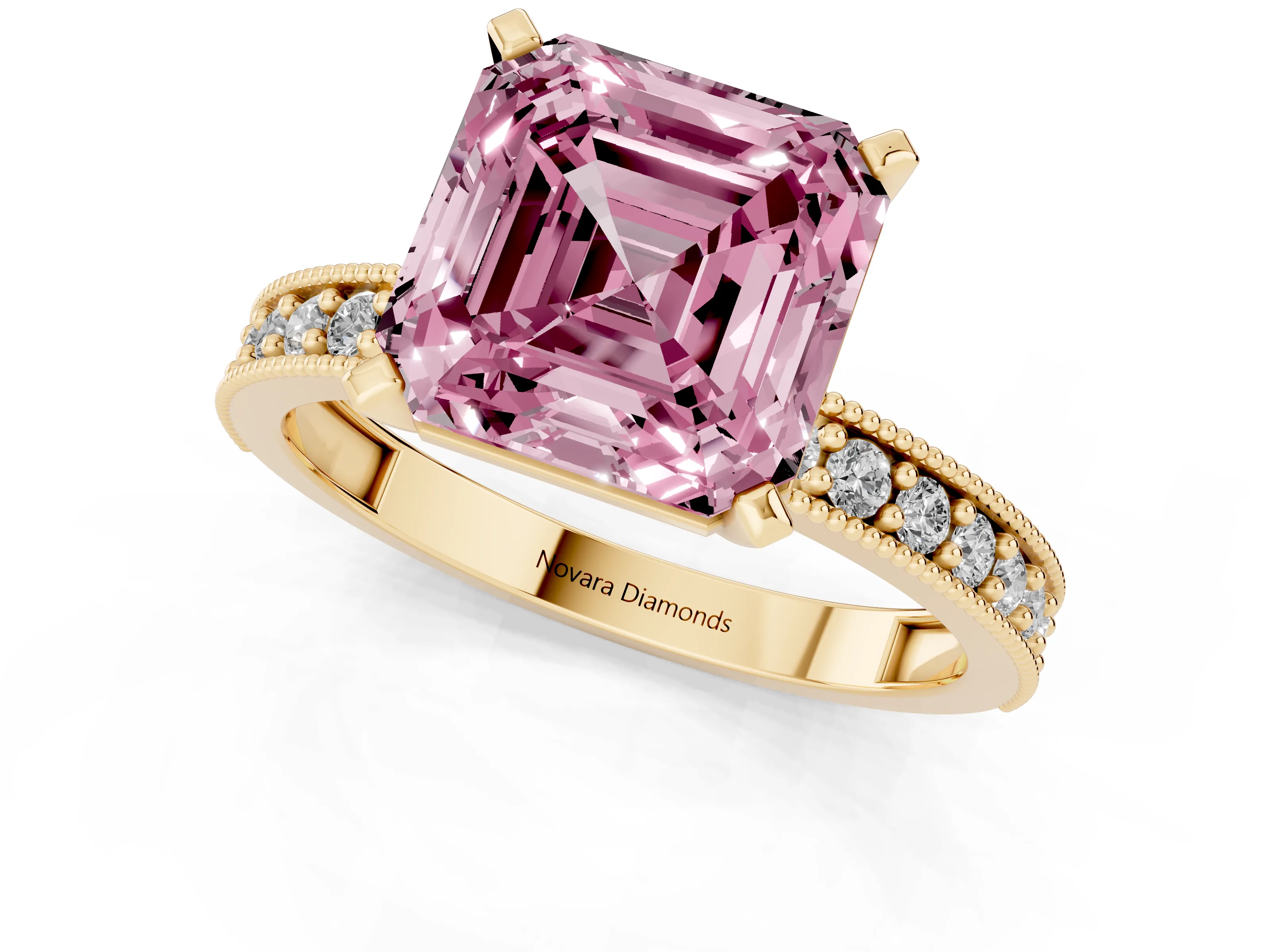 Fancy Pink Asscher Cut Diamond Milgrain Pavé Engagement Ring Set in Yellow gold with Prong Setting