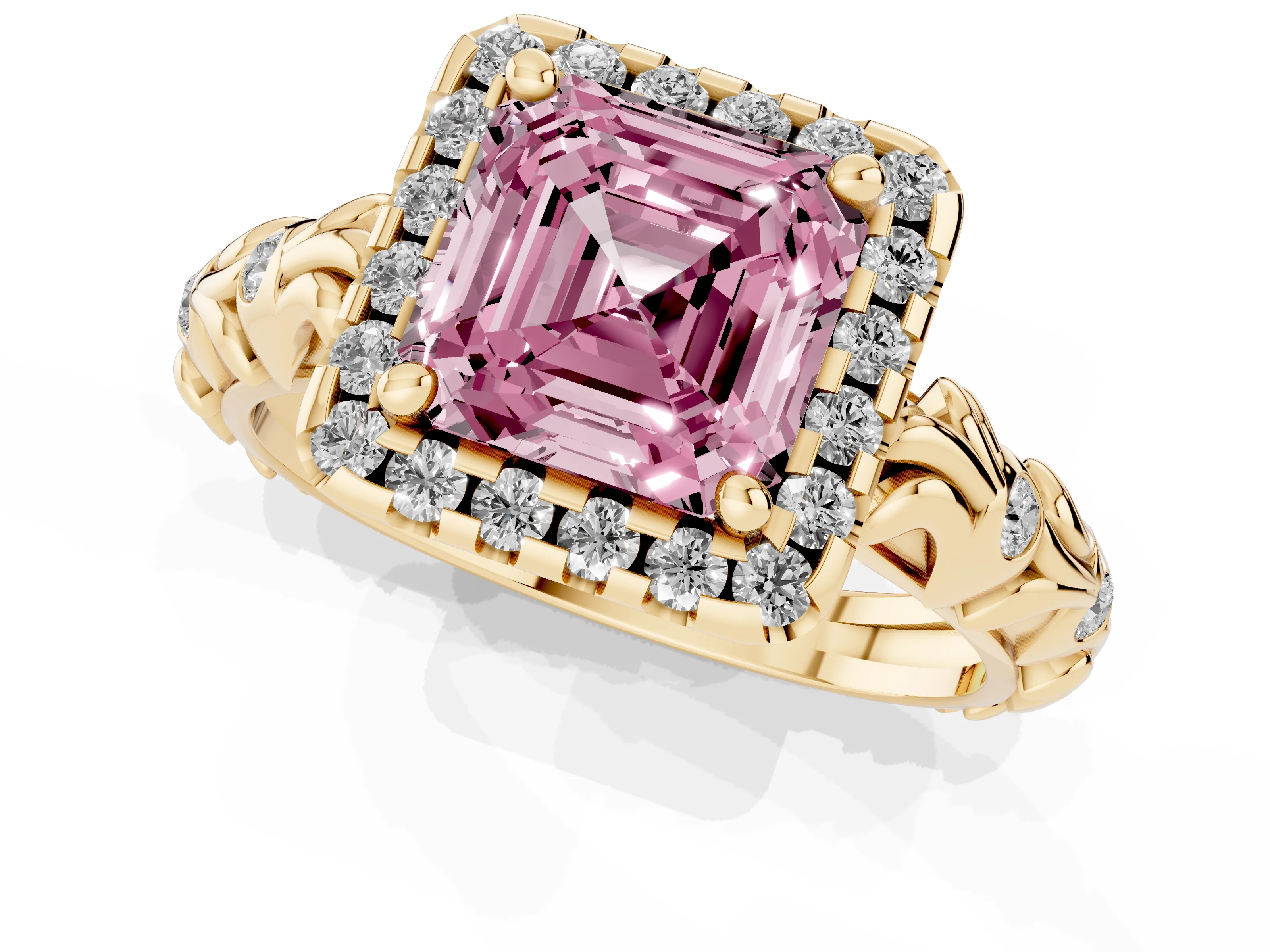 Fancy Pink Asscher Cut Diamond Halo Ring Set in Yellow gold with Filigree Leaf Band and Prong Setting