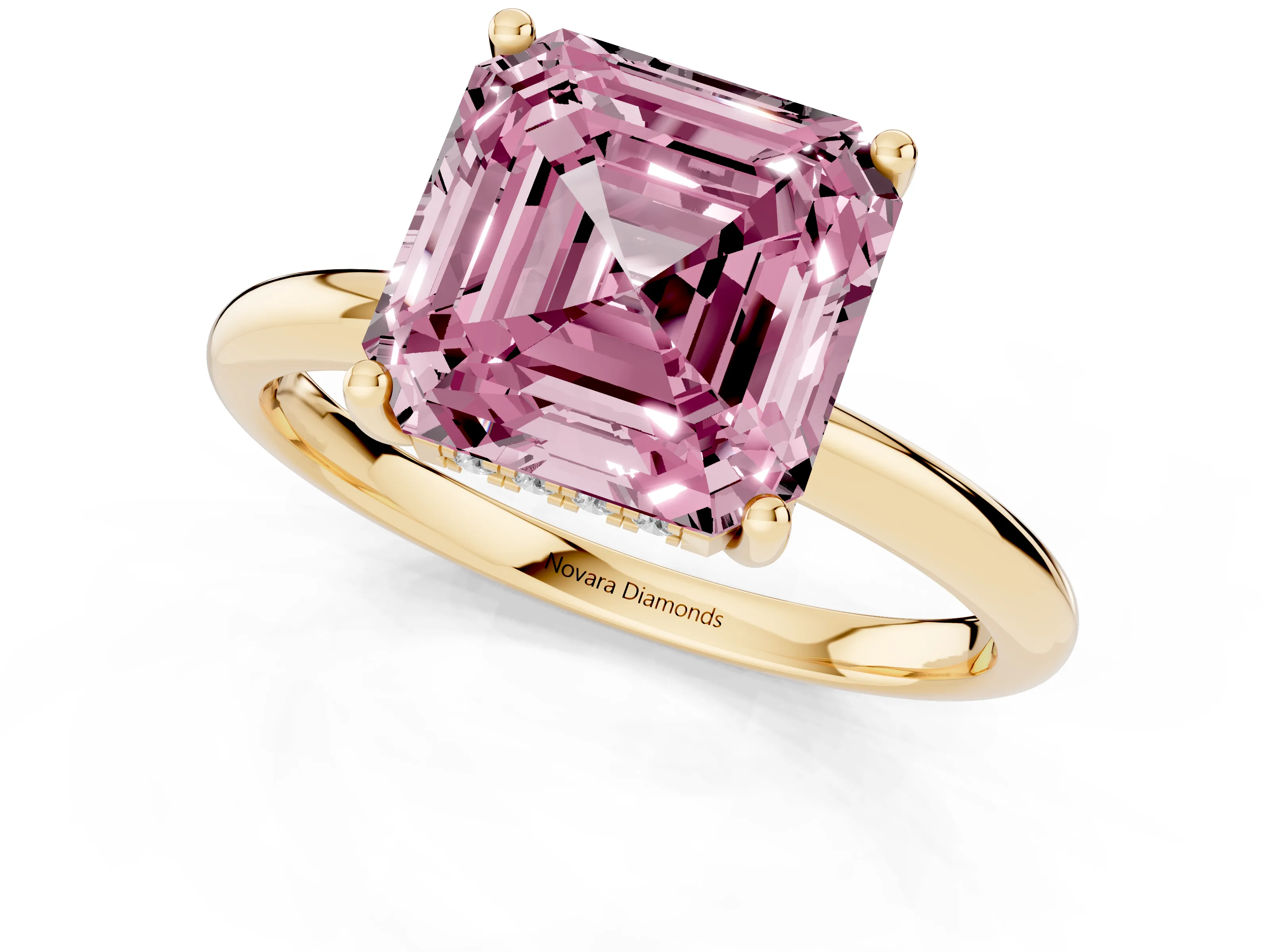 Fancy Pink Asscher Cut Diamond Solitaire Engagement Ring Set in Yellow gold with Prong Setting and Polished Band