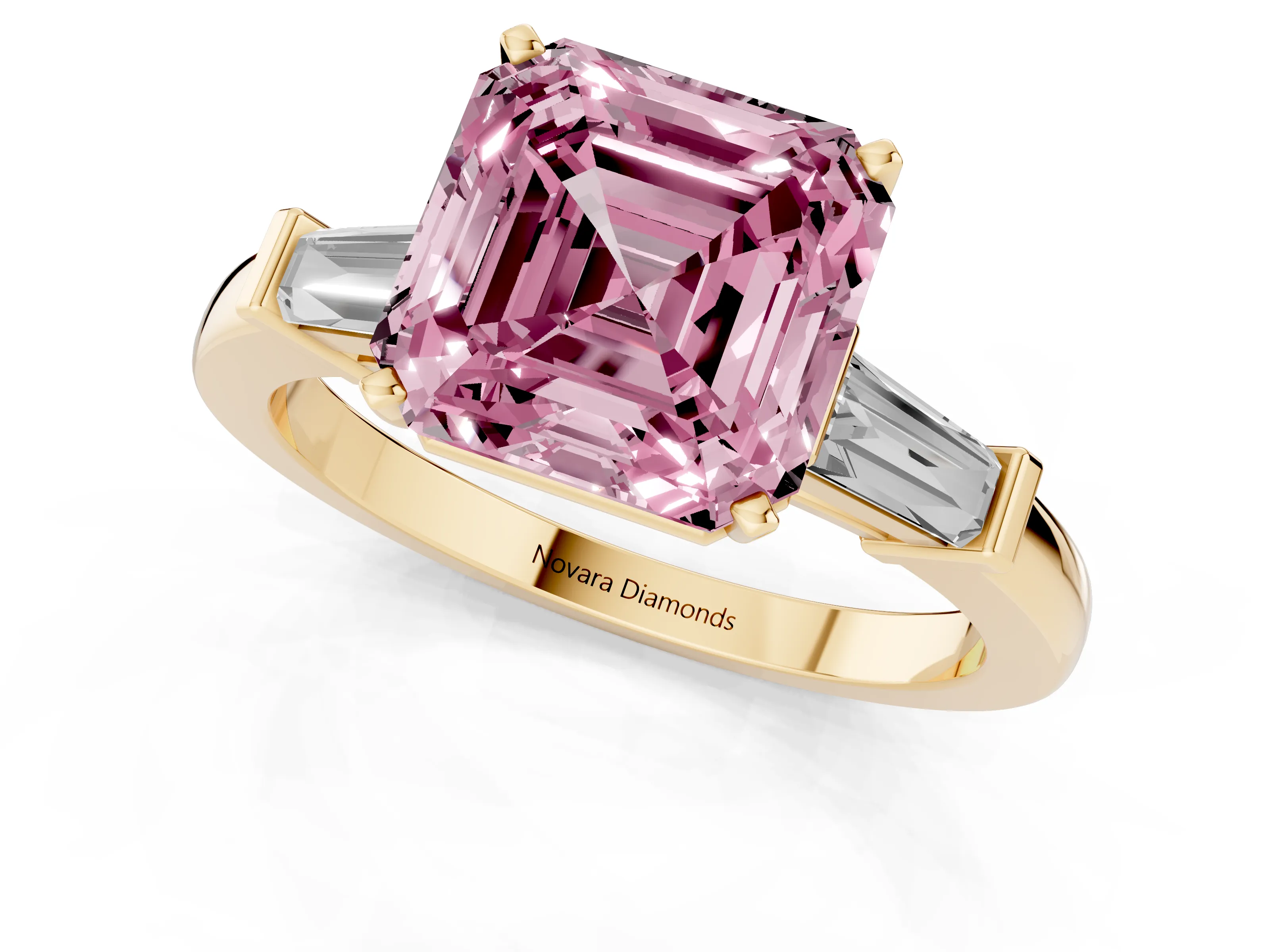 Fancy Pink Asscher Cut Diamond Solitaire Ring Set in Yellow gold with Tapered Baguette Accents and Prong Setting