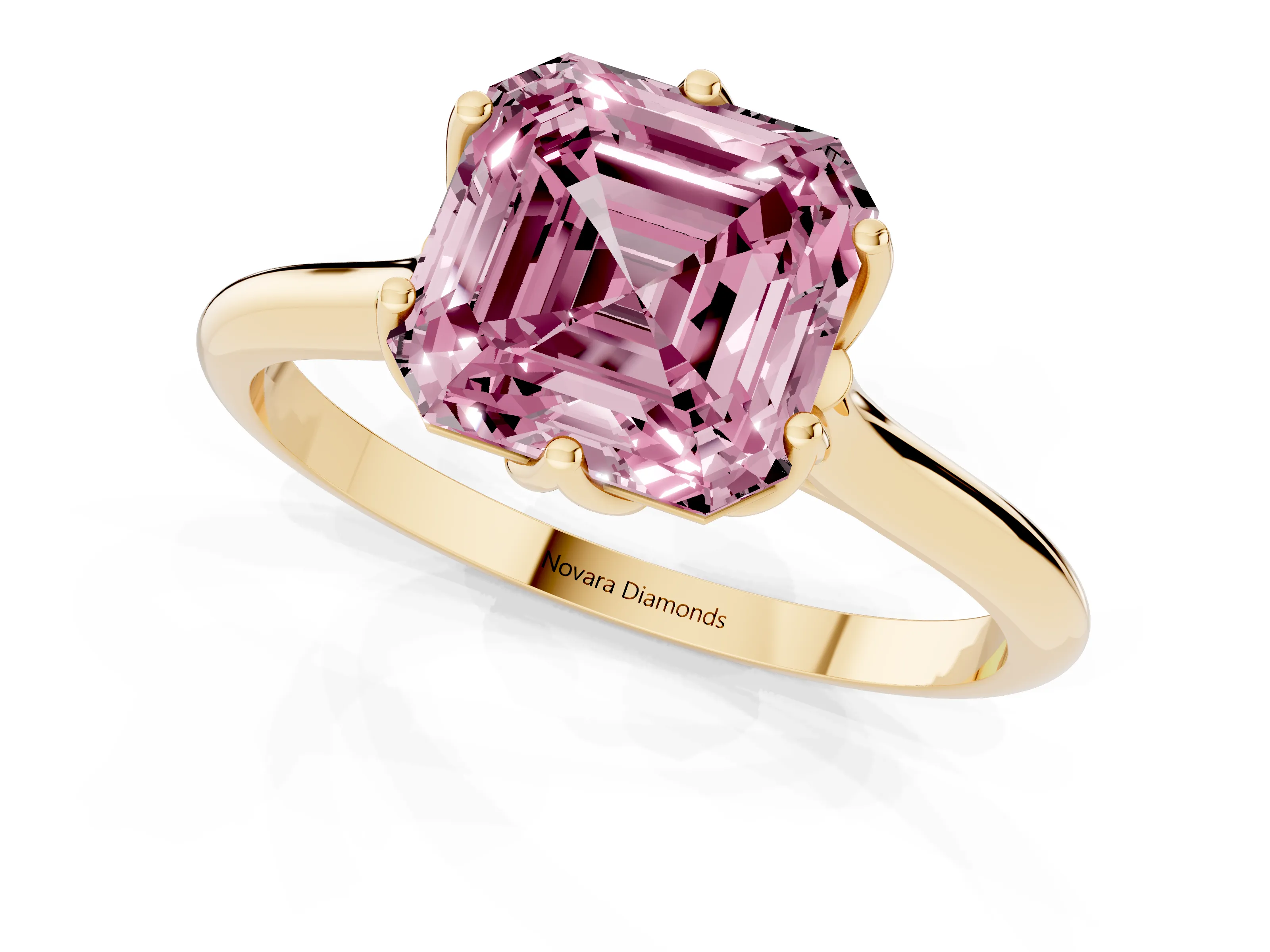 Fancy Pink Asscher Cut Diamond Solitaire Cathedral Ring Set in Yellow gold with Prong Setting