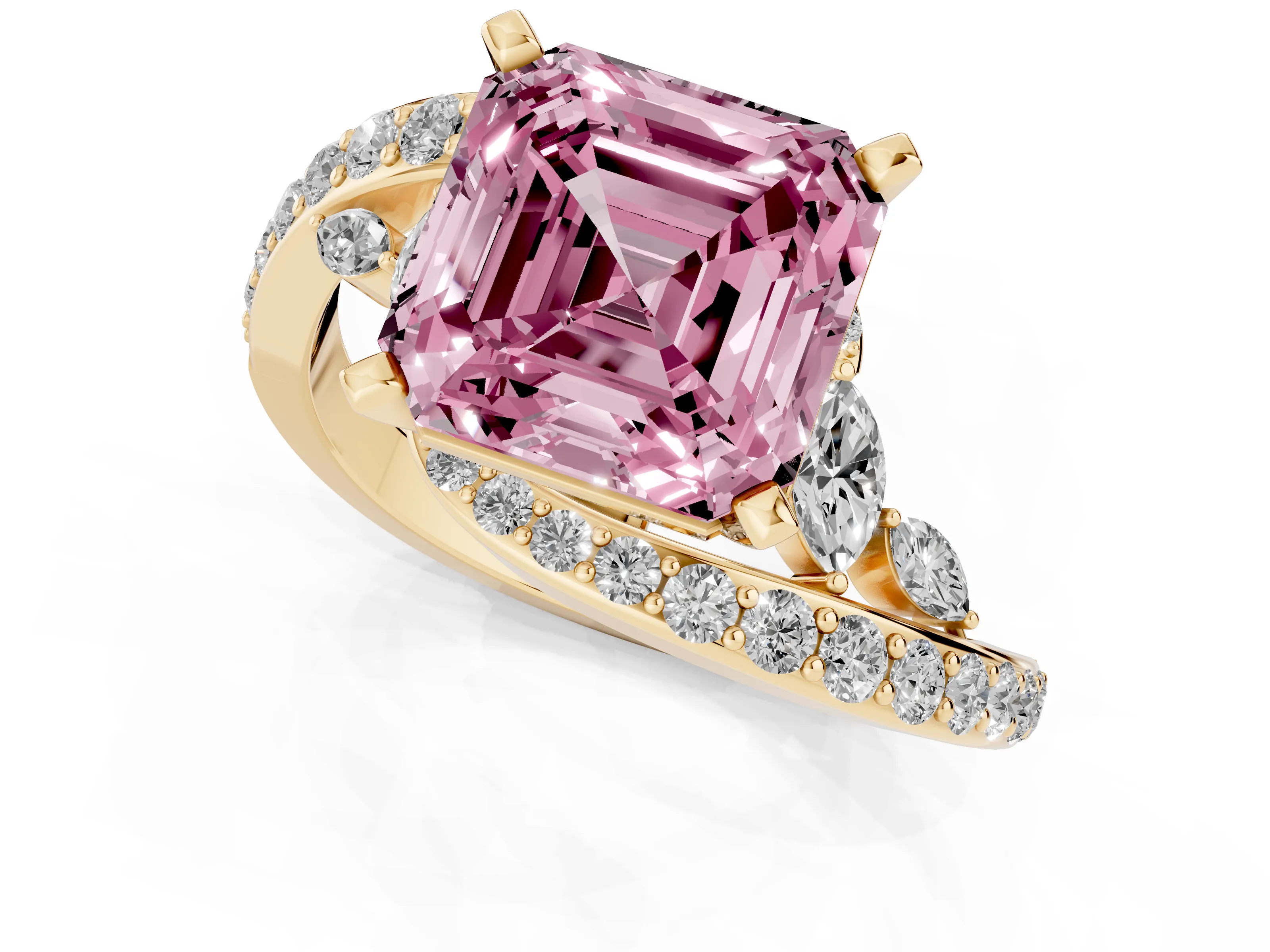 Fancy Pink Asscher Cut Diamond Solitaire Ring Set in Yellow gold with Pavé Twist Band and Secure Prong Setting