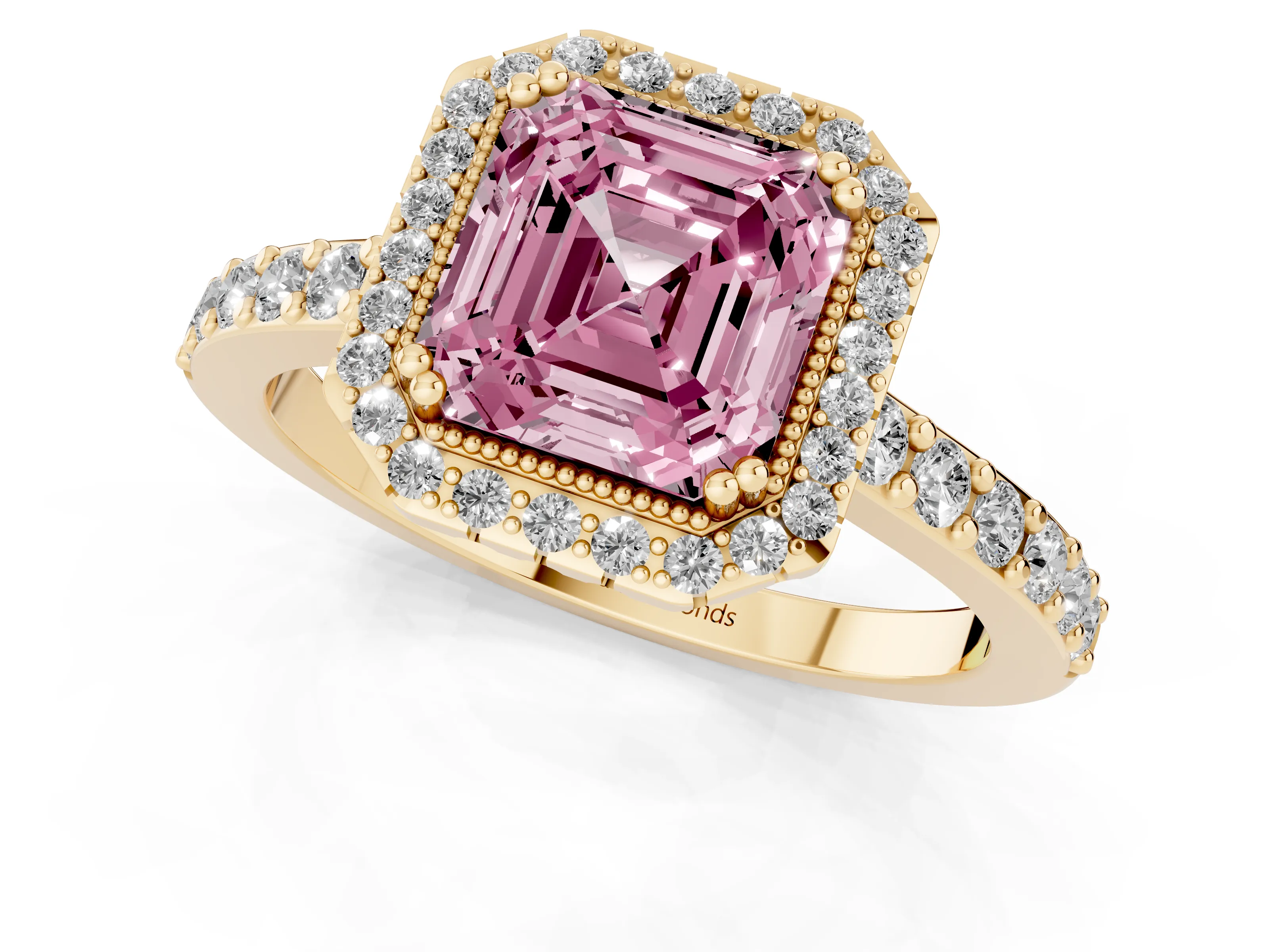 Fancy Pink Asscher Cut Diamond Halo Engagement Ring Set in Yellow gold with Milgrain Detail and Pavé Band