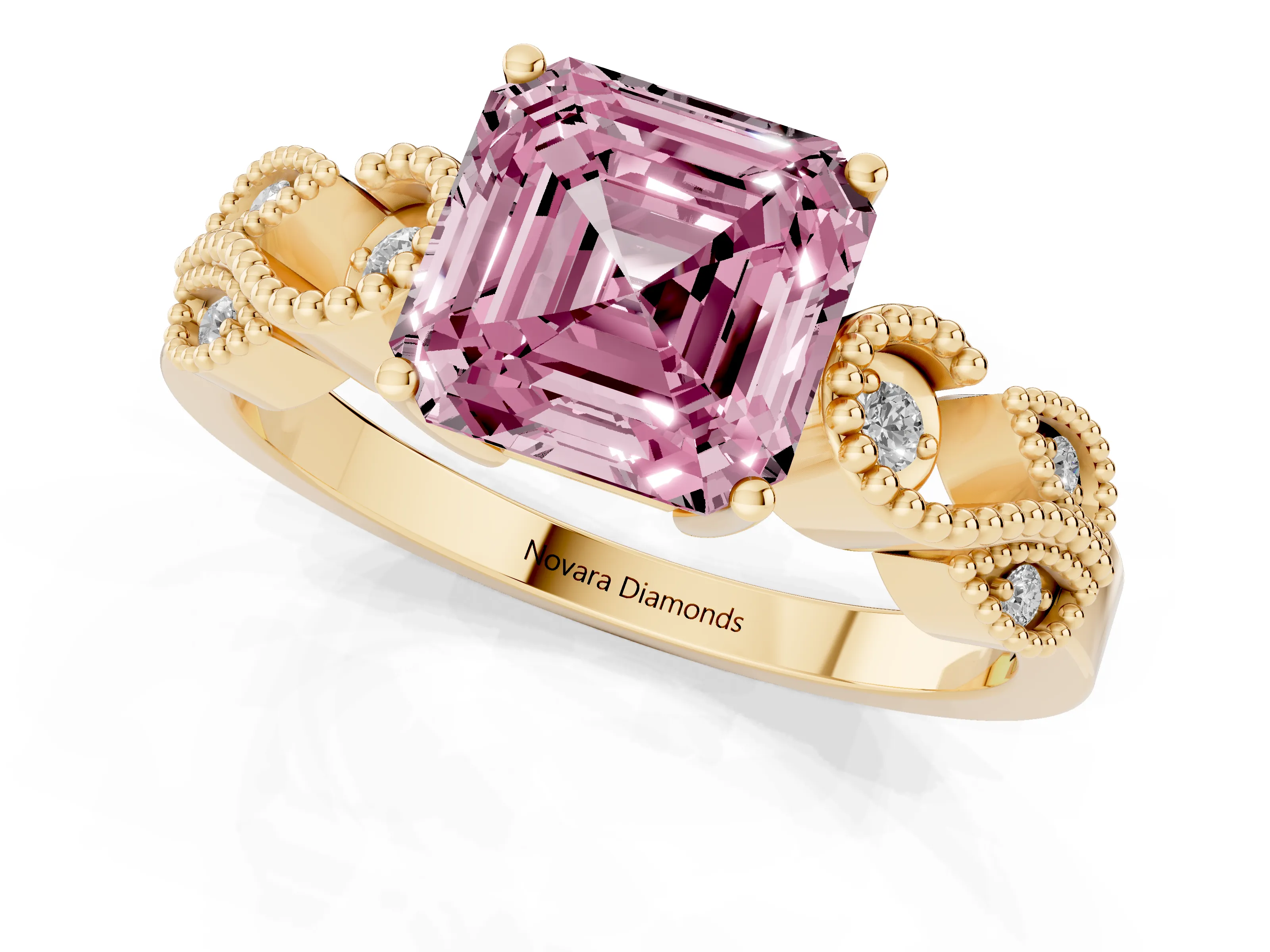 Fancy Pink Asscher Cut Diamond Milgrain Leaf Band Solitaire Ring Set in Yellow gold with Accent Stones and Prong Setting