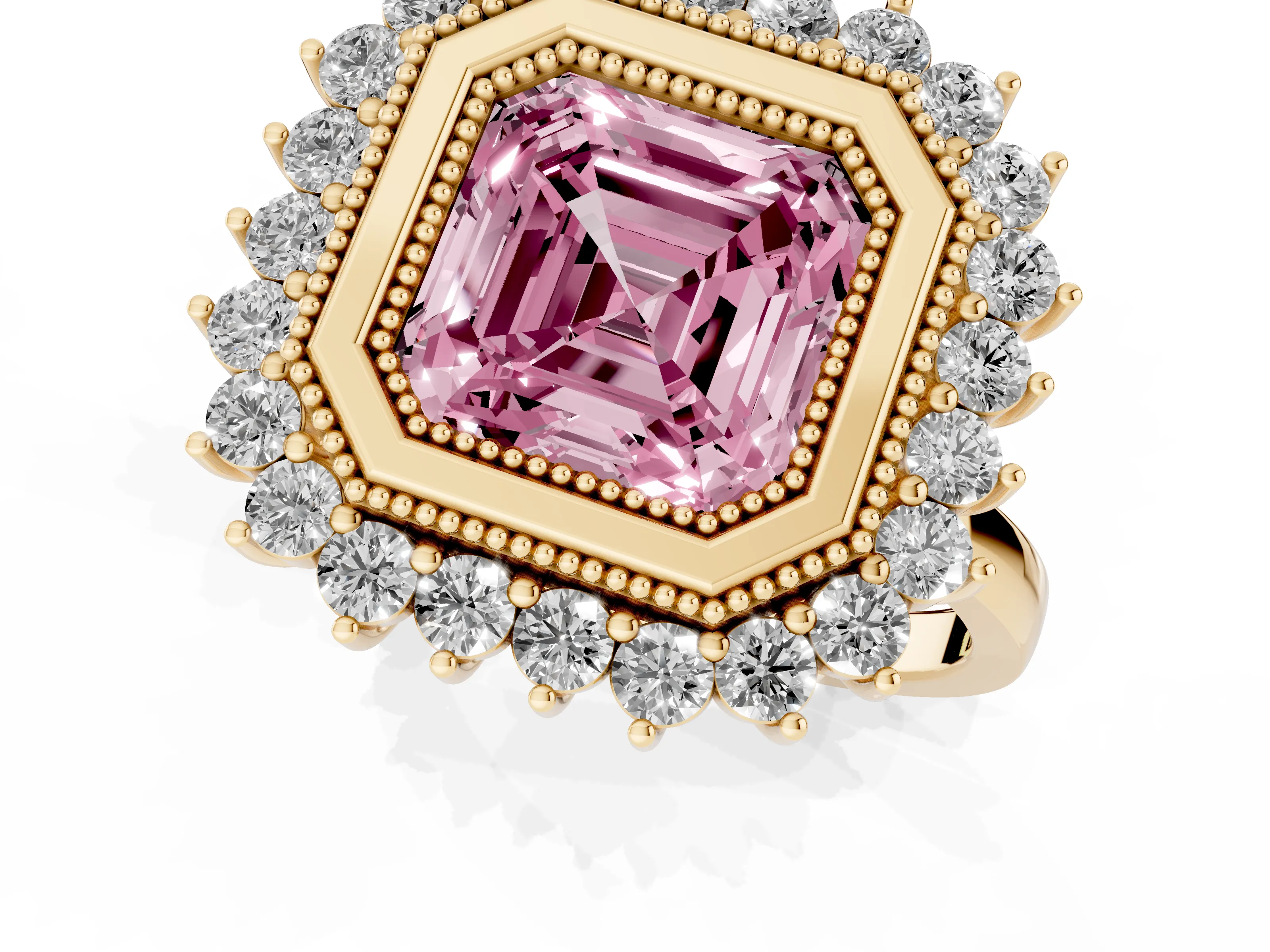 Fancy Pink Asscher Cut Diamond Halo Ring Set in Yellow gold with Milgrain Edge and Round Prong Setting