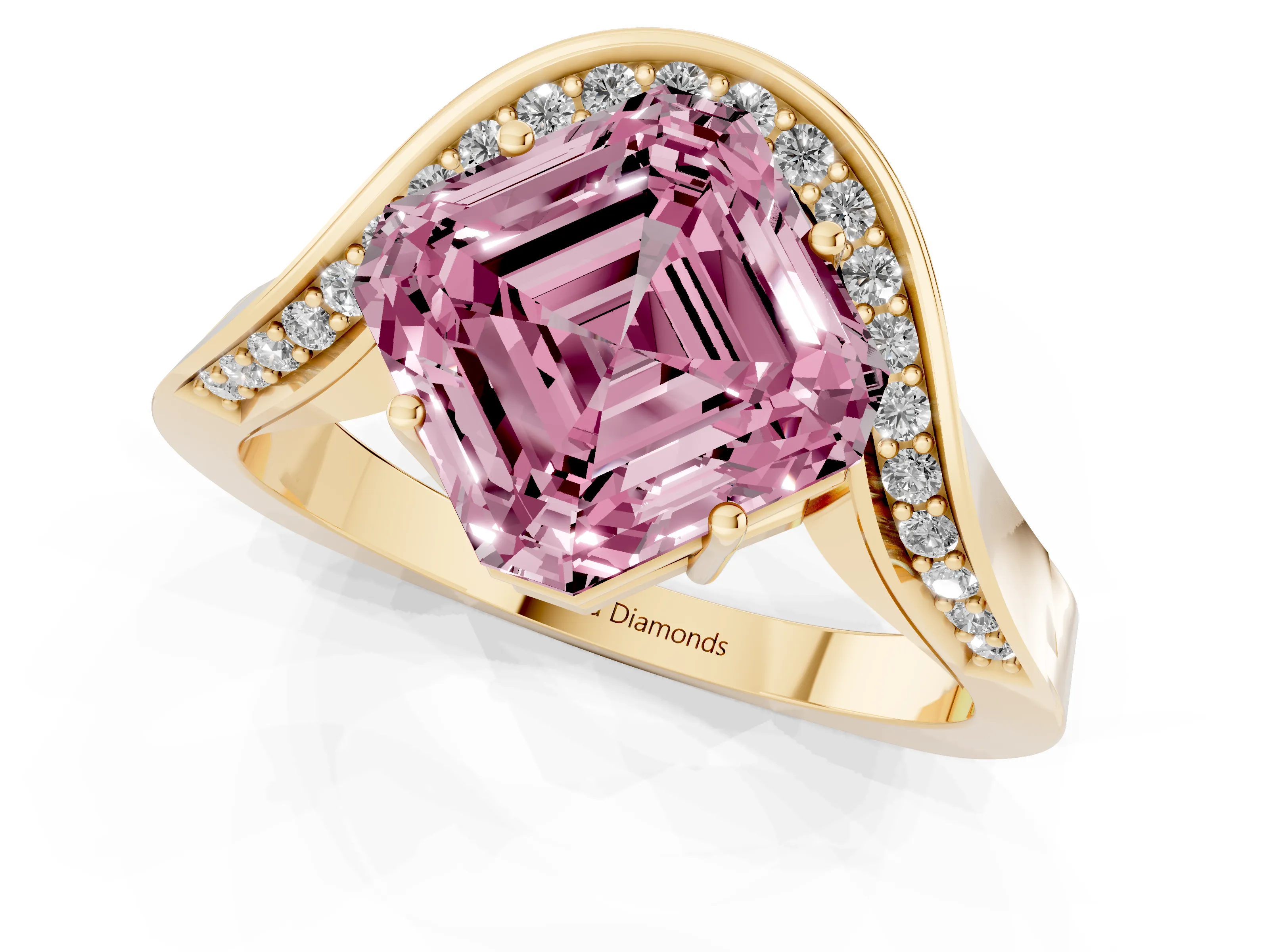 Fancy Pink Asscher Cut Diamond Solitaire Engagement Ring Set in Yellow gold with Pavé Shoulders