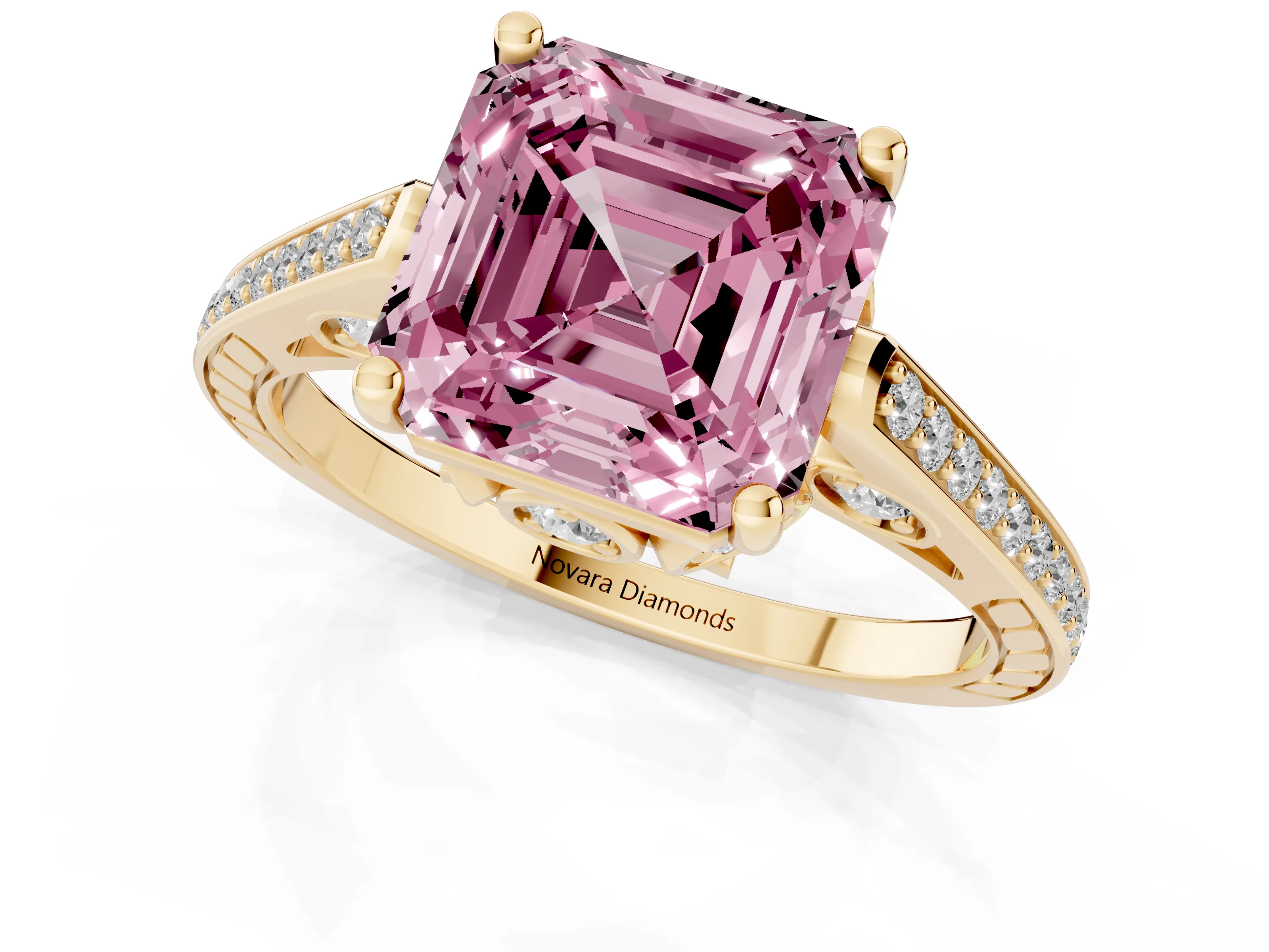 Fancy Pink Asscher Cut Diamond Cathedral Pavé Engagement Ring Set in Yellow gold with Prong Setting