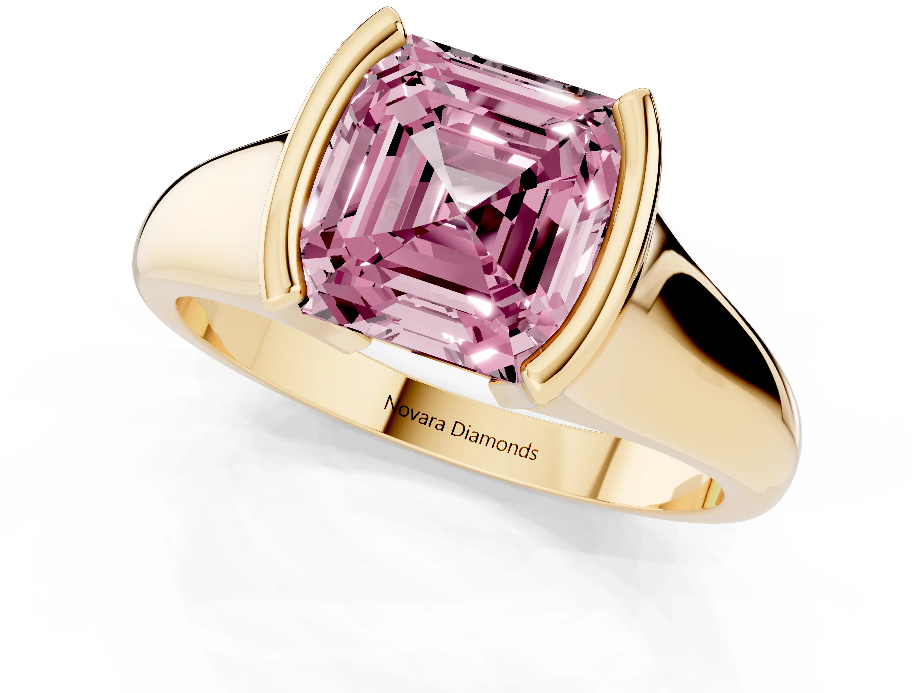 Fancy Pink Asscher Cut Diamond Solitaire Tension Set Ring Set in Yellow gold with Split Shank Band
