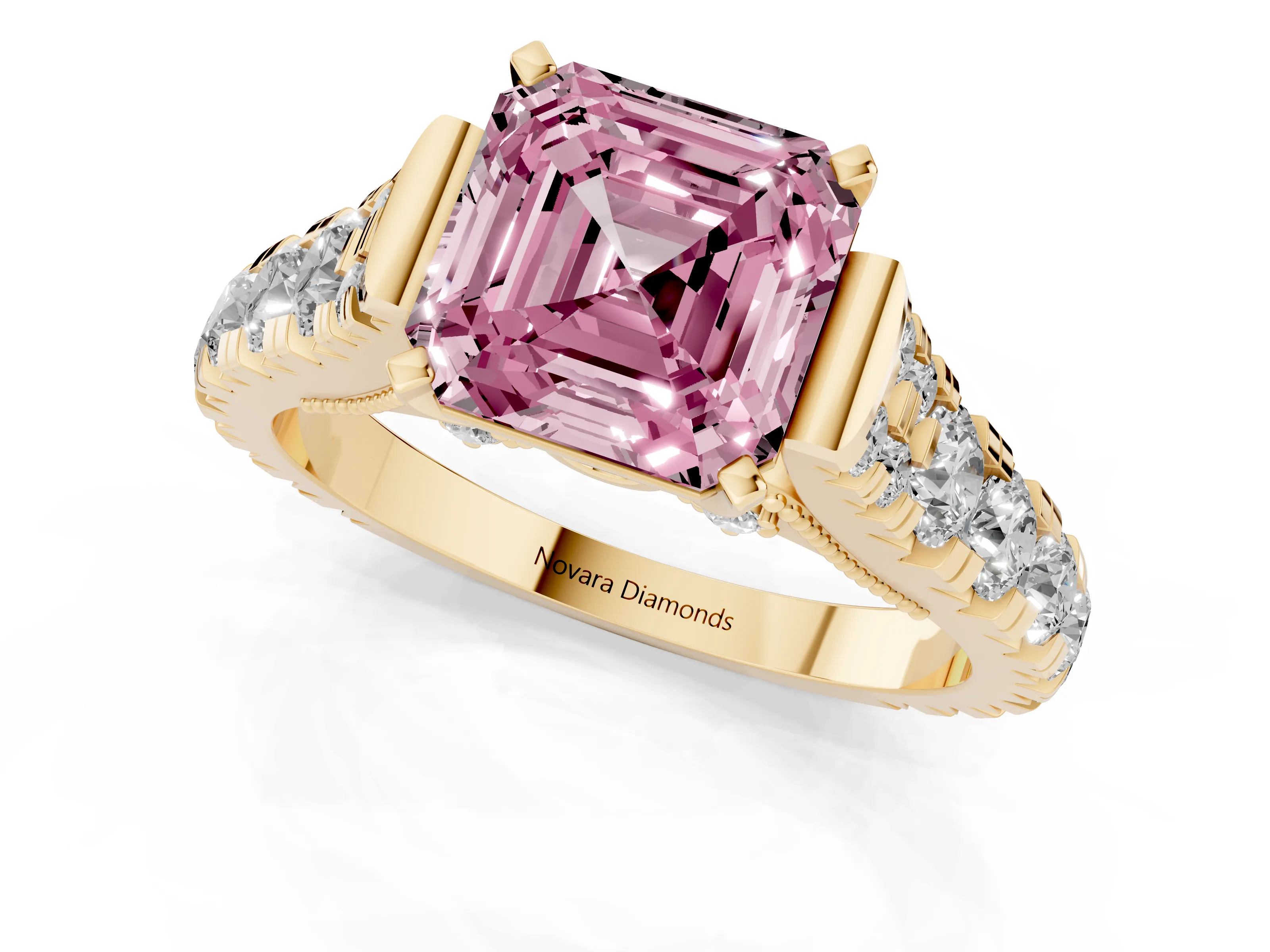 Fancy Pink Asscher Cut Diamond Classic Solitaire Ring Set in Yellow gold with Pavé Band and Prong Setting