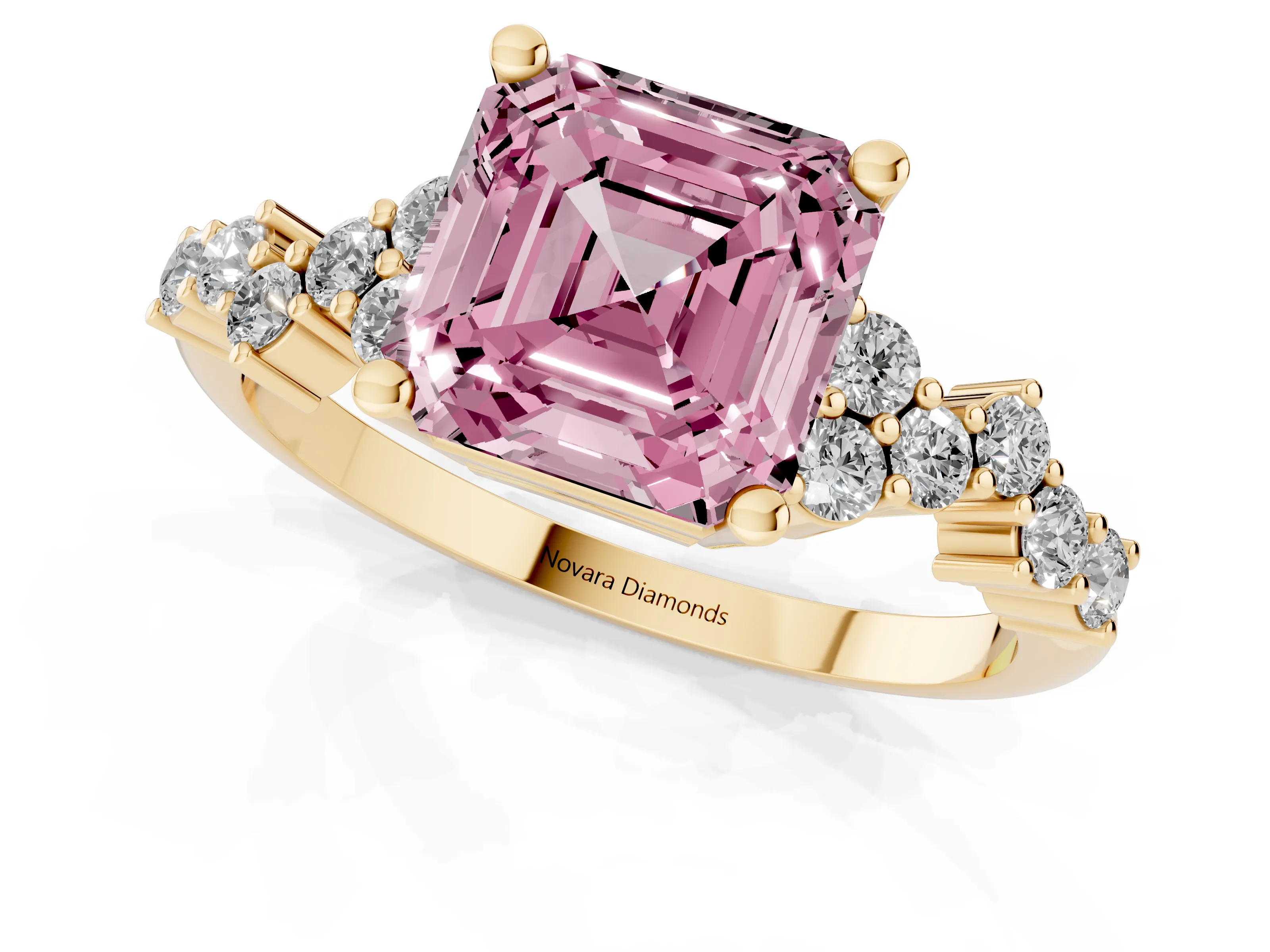 Fancy Pink Asscher Cut Diamond Ring Set in Yellow gold with Scattered Round Accents
