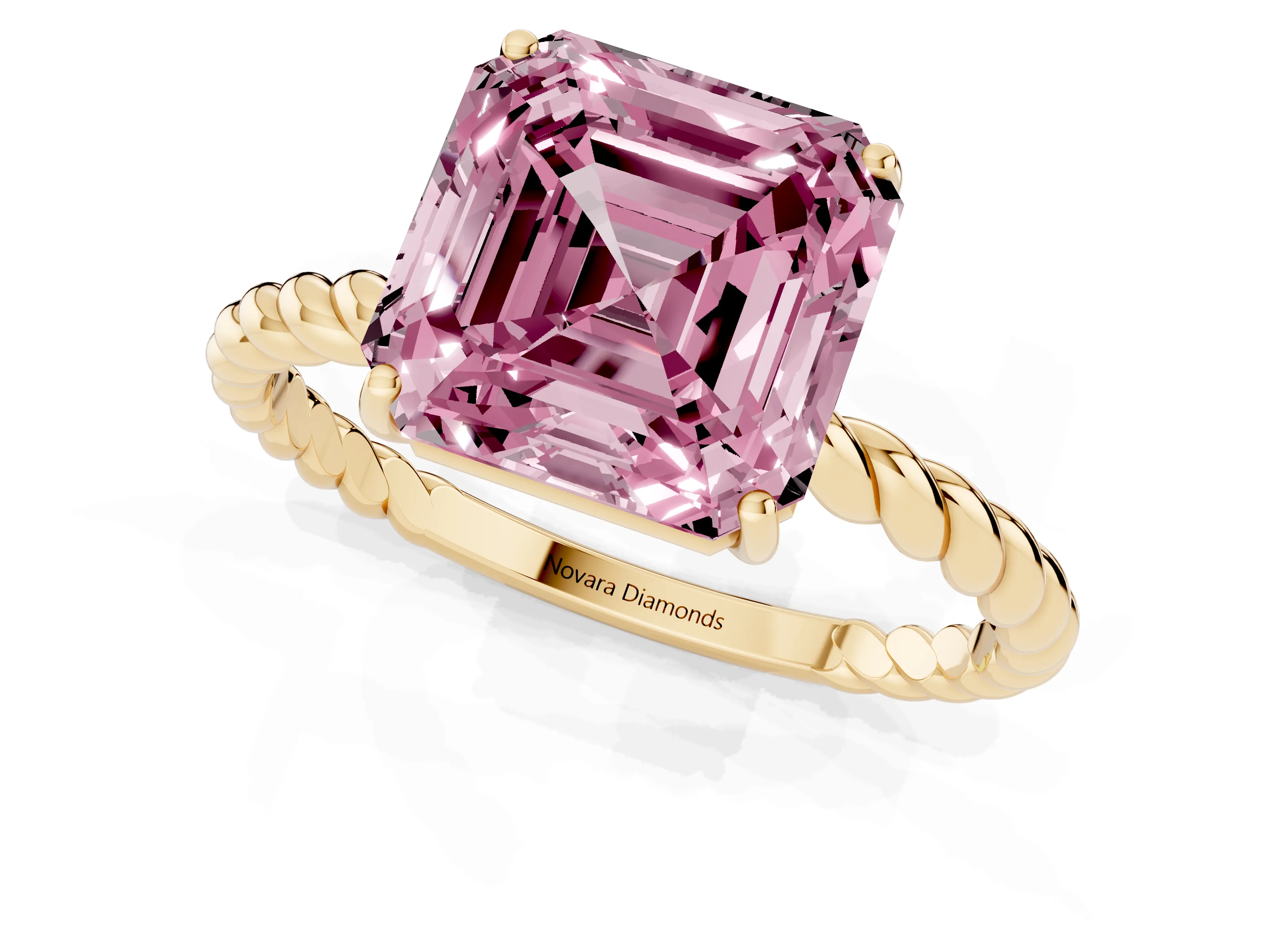 Fancy Pink Asscher Cut Diamond Solitaire Ring Set in Yellow gold with Twist Band and Prong Setting