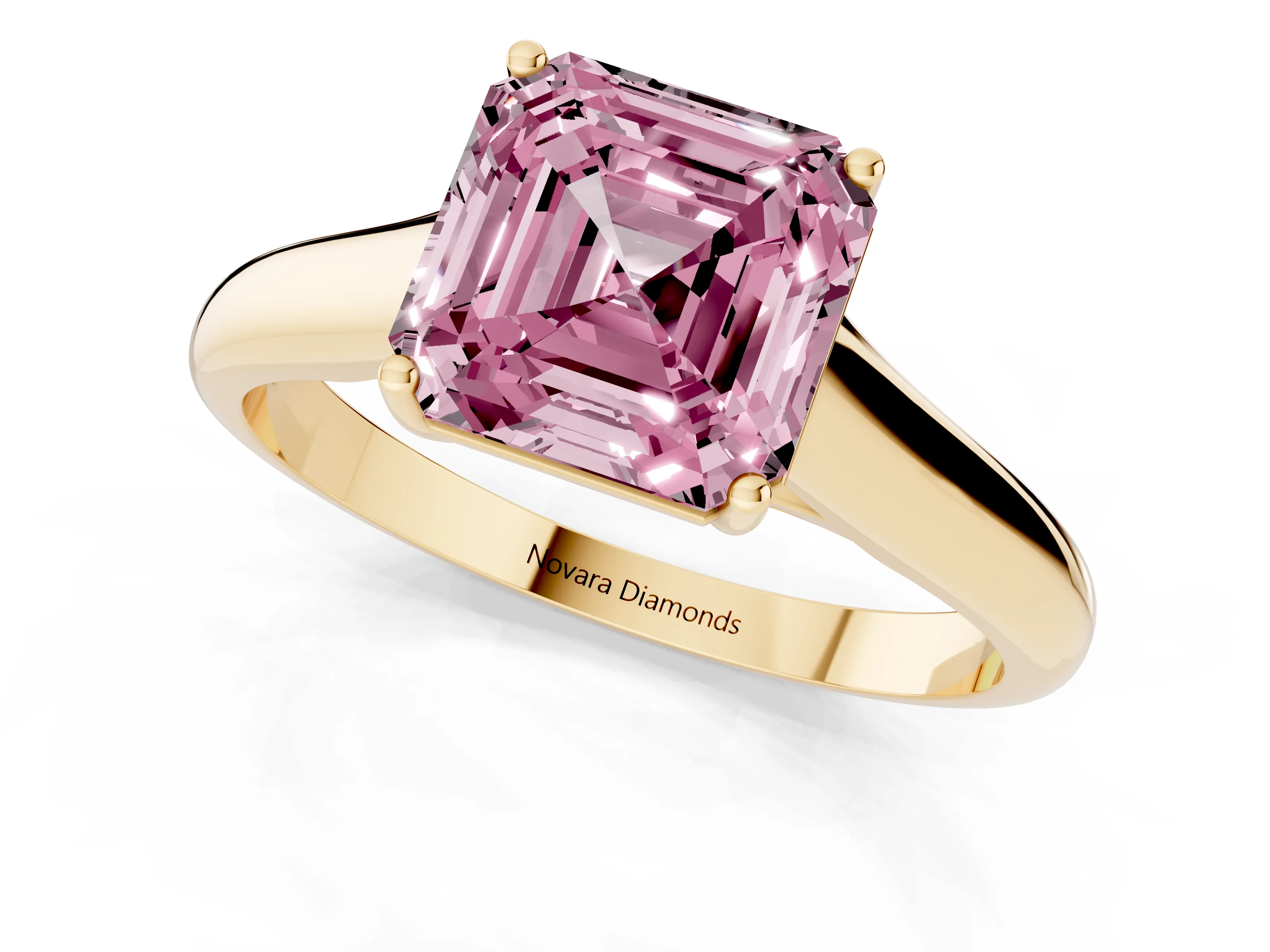 Fancy Pink Asscher Cut Diamond Solitaire Engagement Ring Set in Yellow gold with Subtly Tapered Band and Prong Setting
