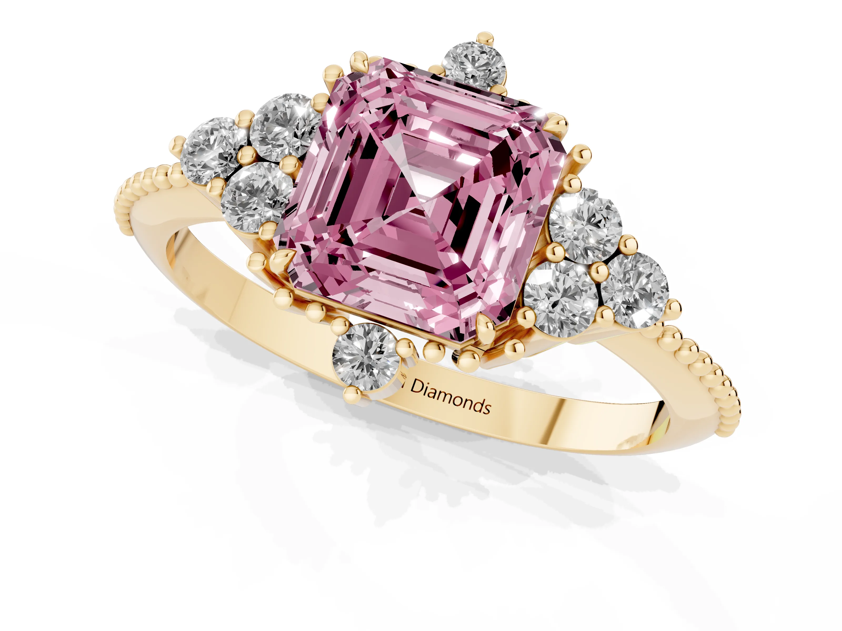 Fancy Pink Asscher Cut Diamond Cluster Ring Set in Yellow gold with Beaded Band