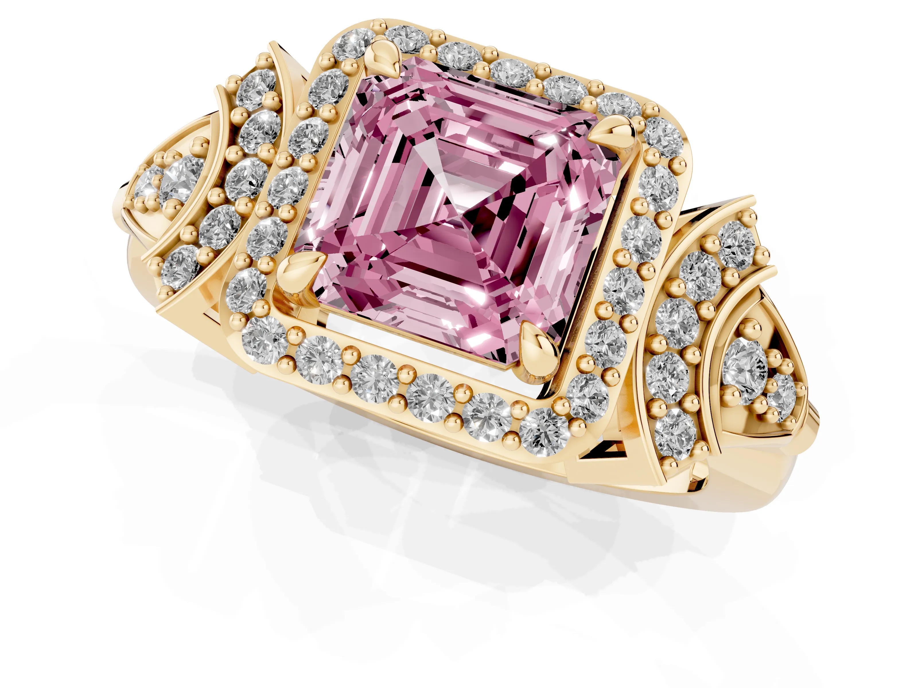 Fancy Pink Asscher Cut Diamond Halo Engagement Ring Set in Yellow gold with Accent Stone Split Shank