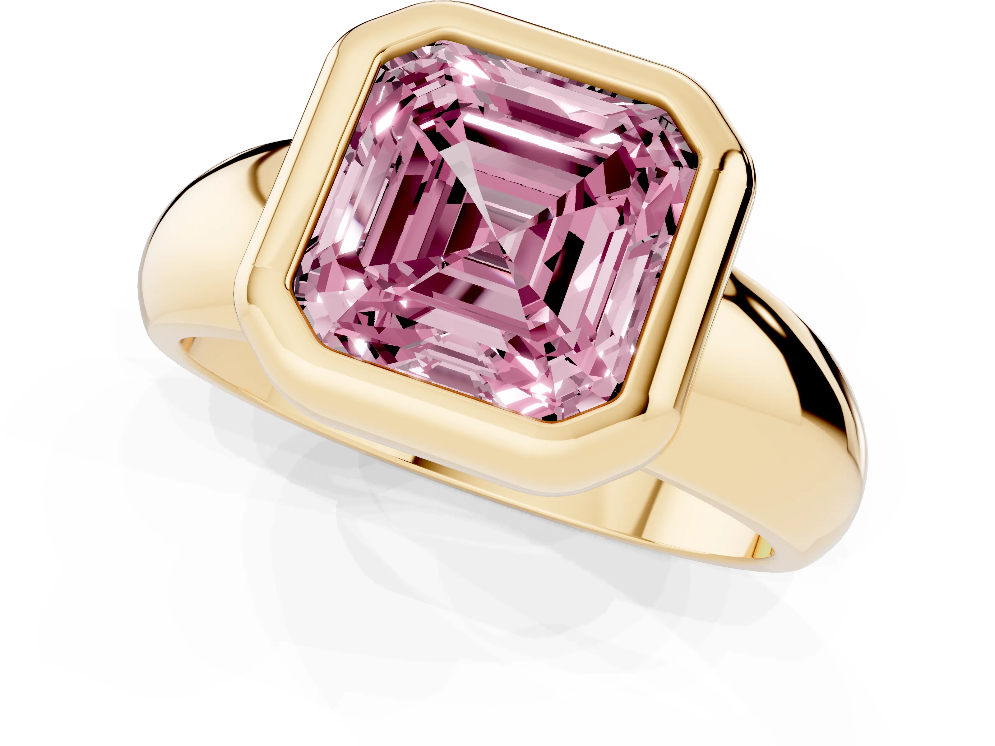 Fancy Pink Bezel Set Asscher Cut Diamond Solitaire Ring Set in Yellow gold with Wide Band