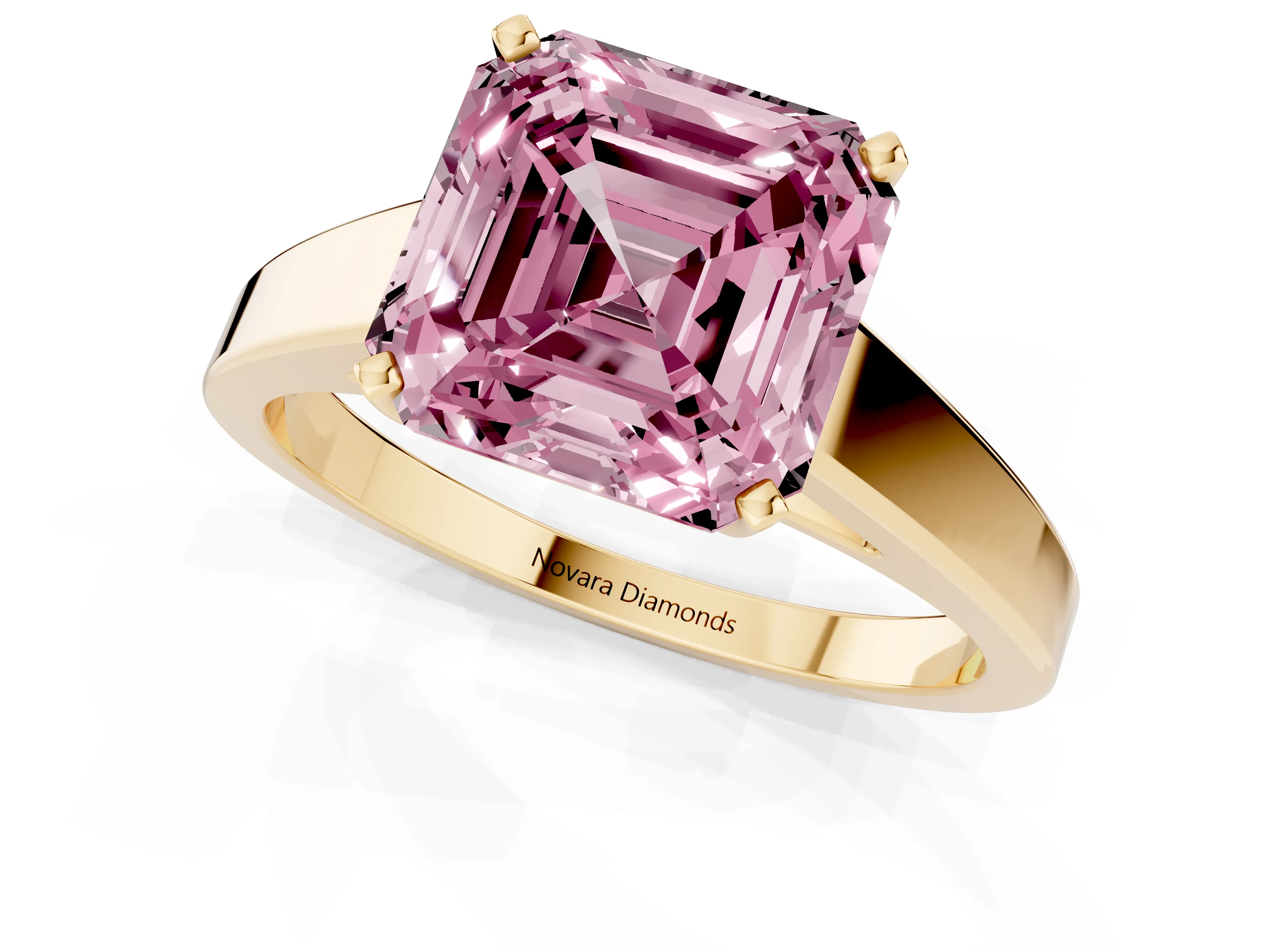 Fancy Pink Asscher Cut Diamond Solitaire Engagement Ring Set in Yellow gold with Prong Setting and Tapered Band