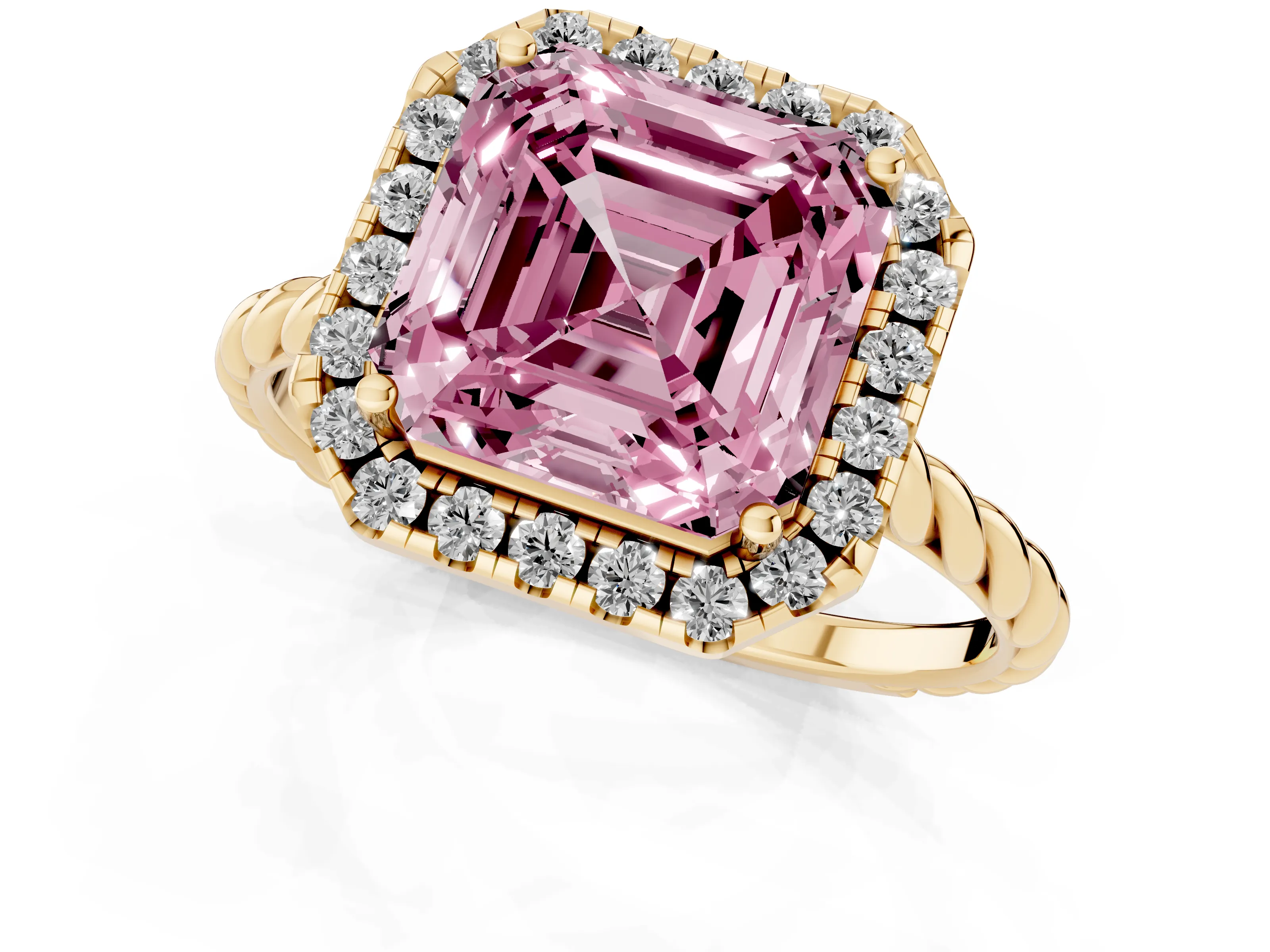 Fancy Pink Asscher Cut Diamond Halo Ring Set in Yellow gold with Plain Twisted Band