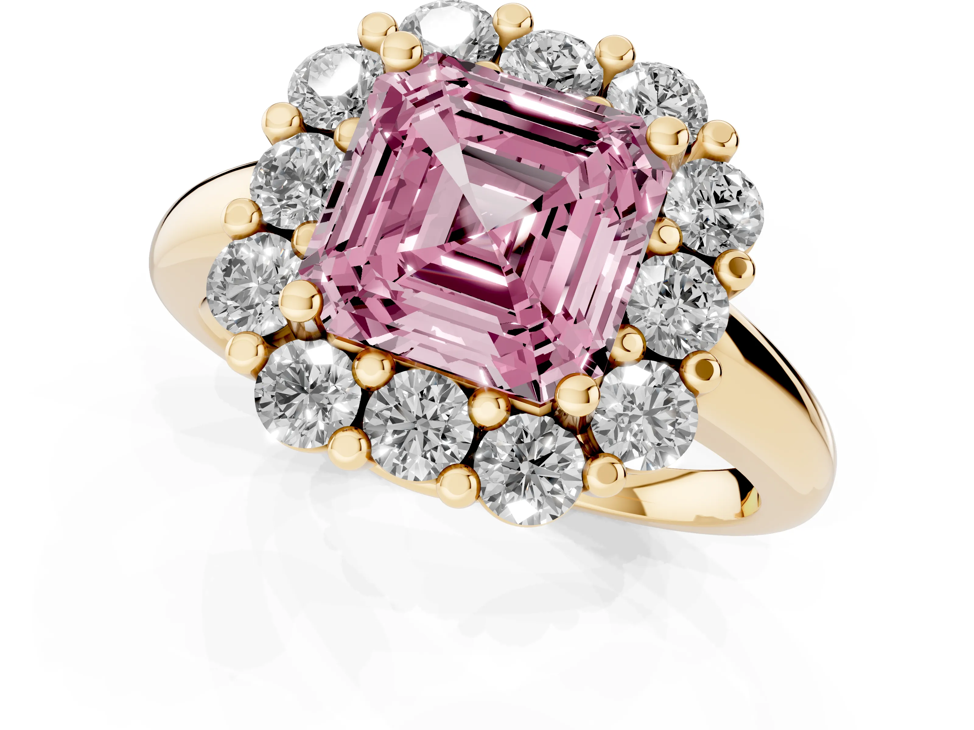 Fancy Pink Asscher Cut Diamond Halo Cluster Engagement Ring Set in Yellow gold with Polished Band and Prong Setting