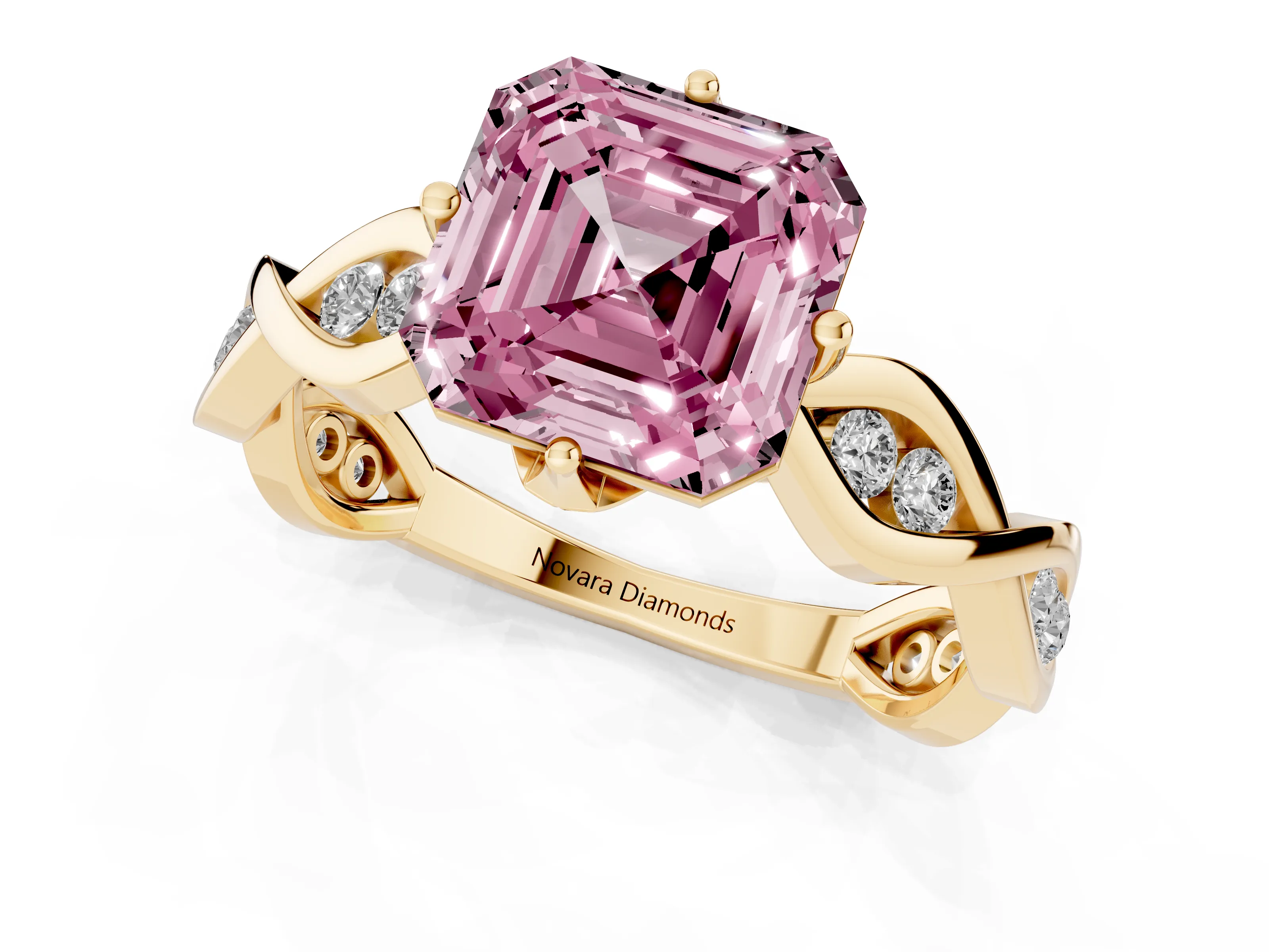 Fancy Pink Asscher Cut Diamond Twist Band Solitaire Ring Set in Yellow gold with Leaf Prong Setting and Accent Stones
