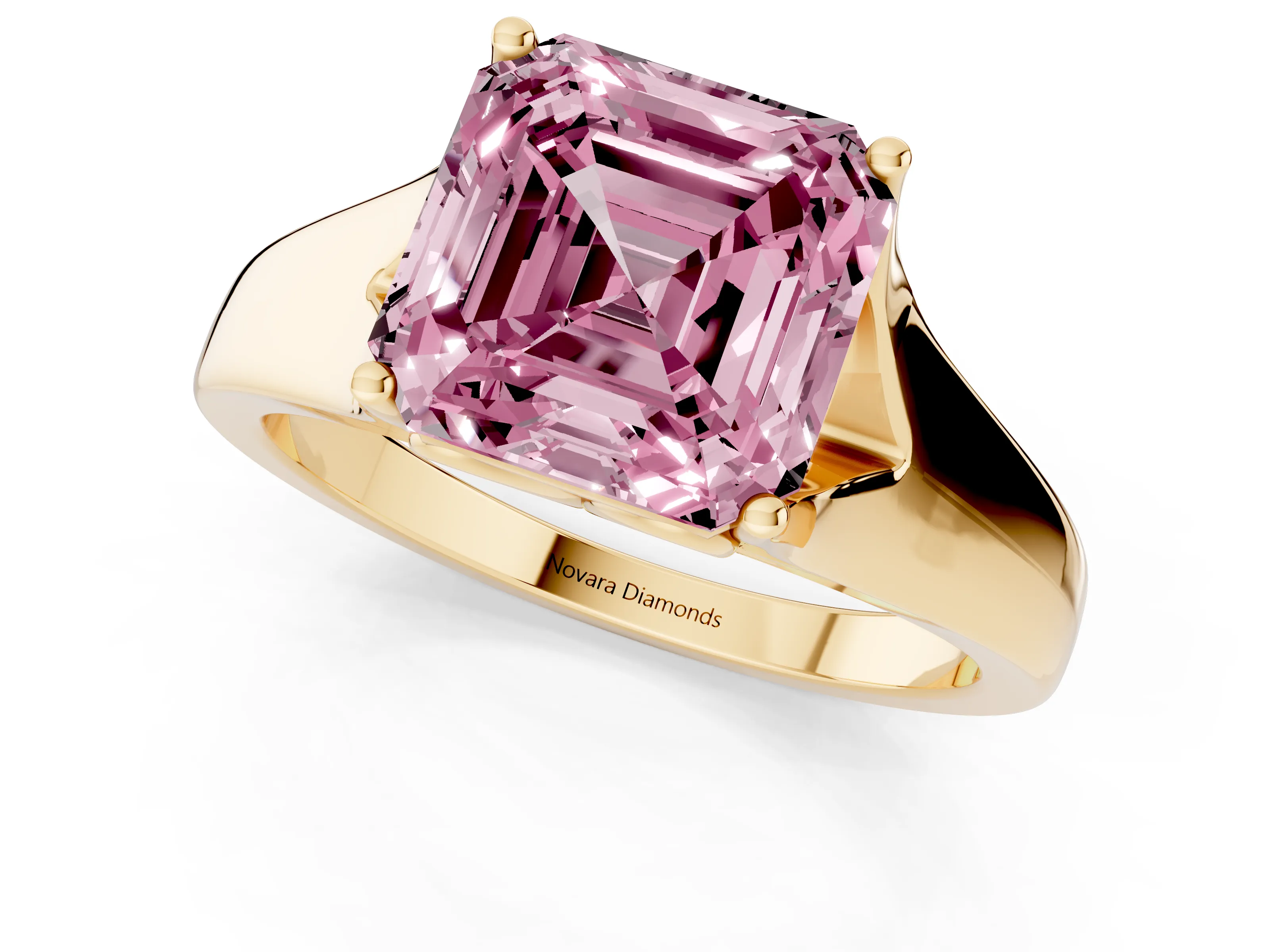 Fancy Pink Asscher Cut Diamond Solitaire Ring Set in Yellow gold with Arched Cathedral Band and Prong Setting