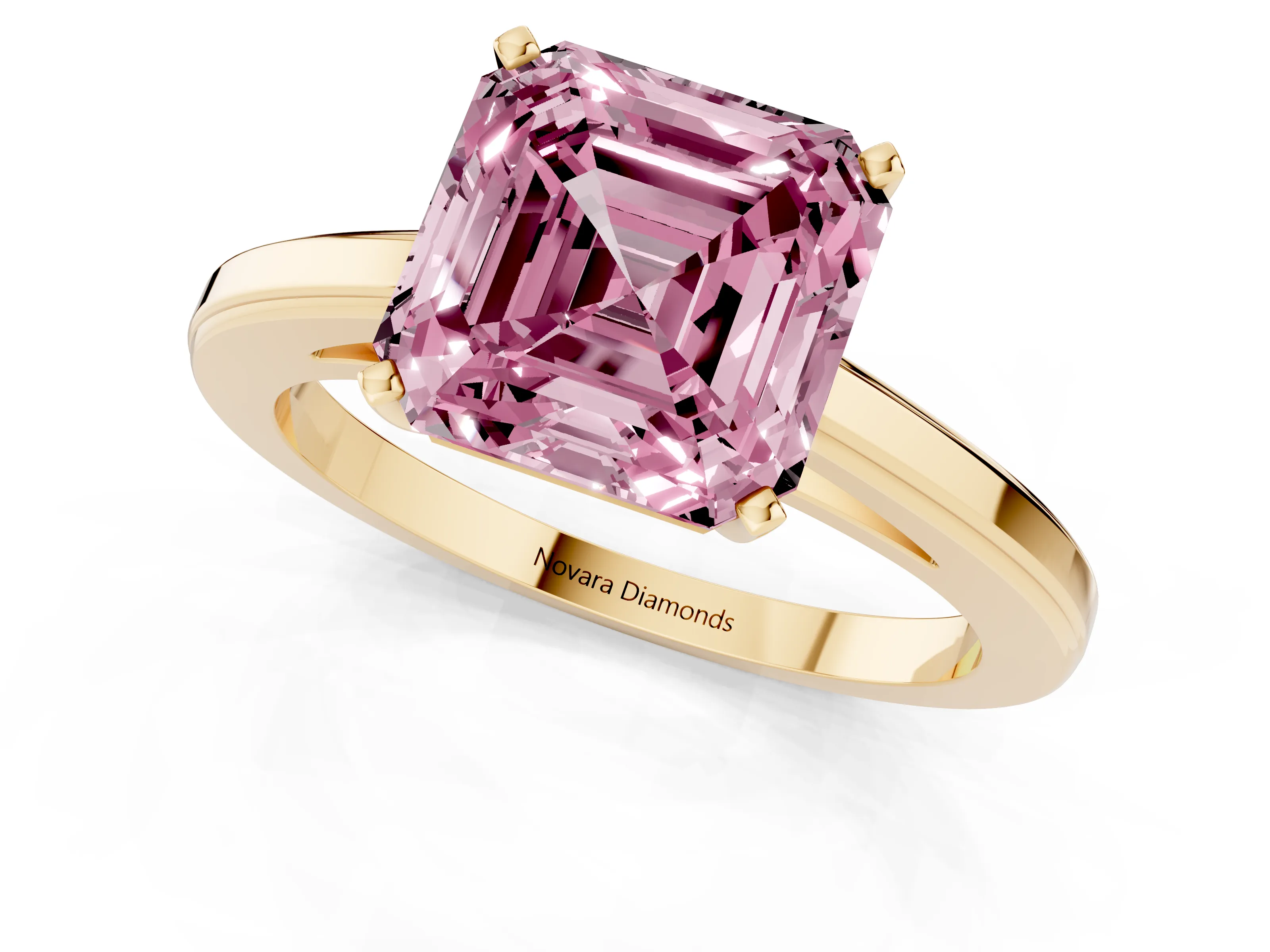 Fancy Pink Asscher Cut Diamond Solitaire Ring Set in Yellow gold with Prong Setting and Classic Band