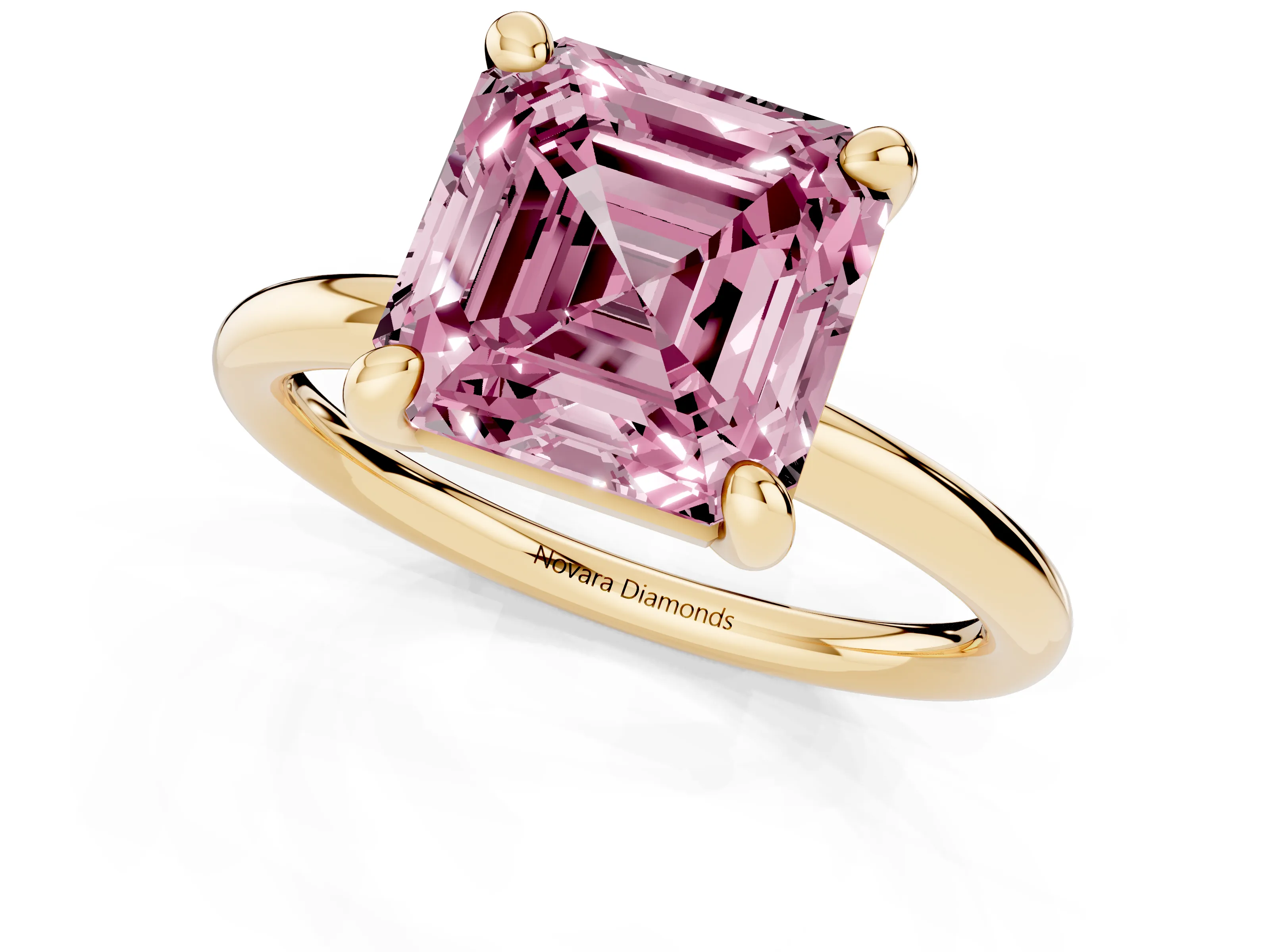 Fancy Pink Asscher Cut Diamond Solitaire Ring Set in Yellow gold with Prong Setting on a Polished Plain Band