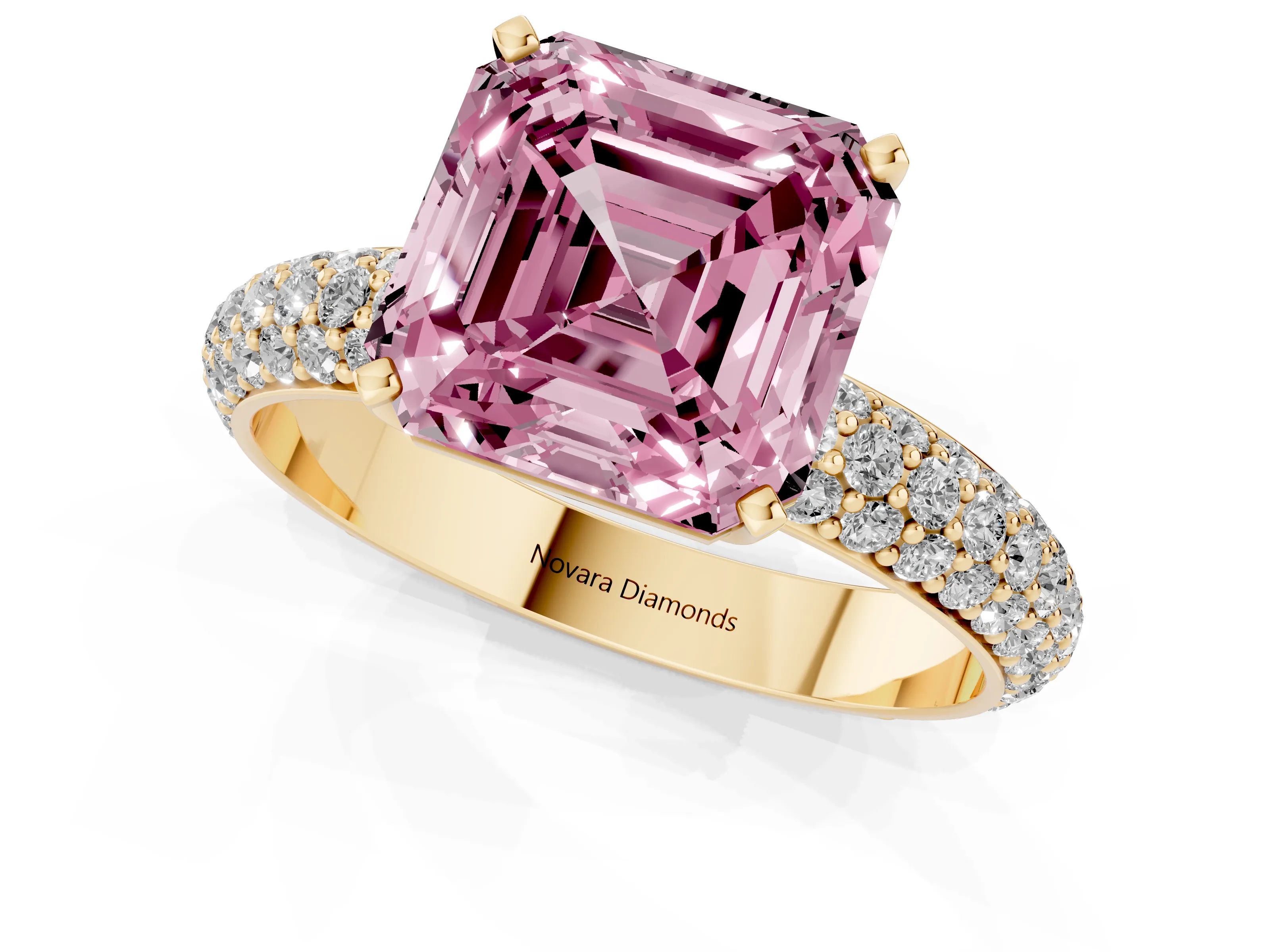 Fancy Pink Asscher Cut Diamond Solitaire Ring Set in Yellow gold with Prong Setting and Pavé-Set Band