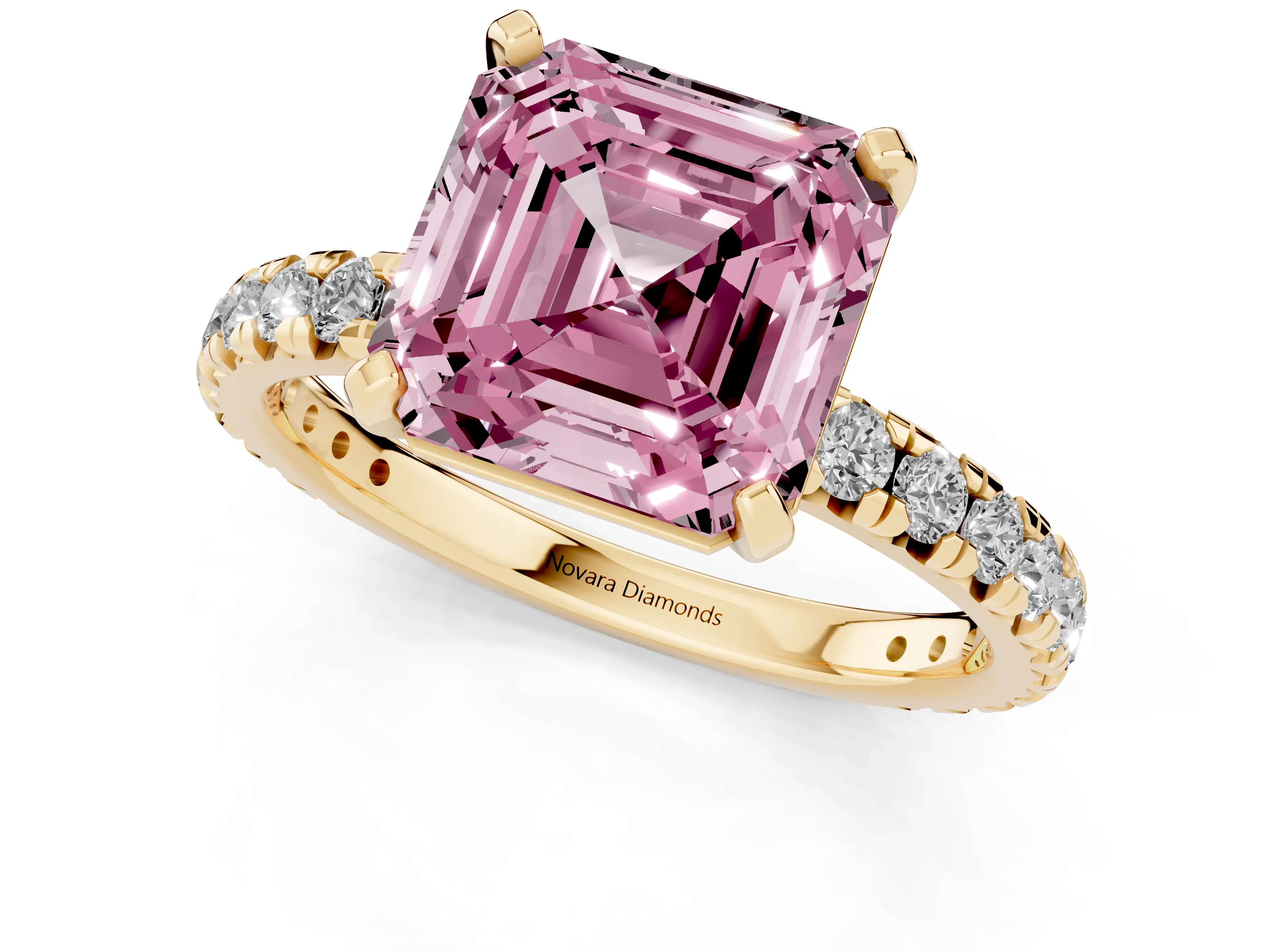 Fancy Pink Asscher Cut Diamond Pavé Solitaire Ring Set in Yellow gold with Round Band and Prong Setting – second view