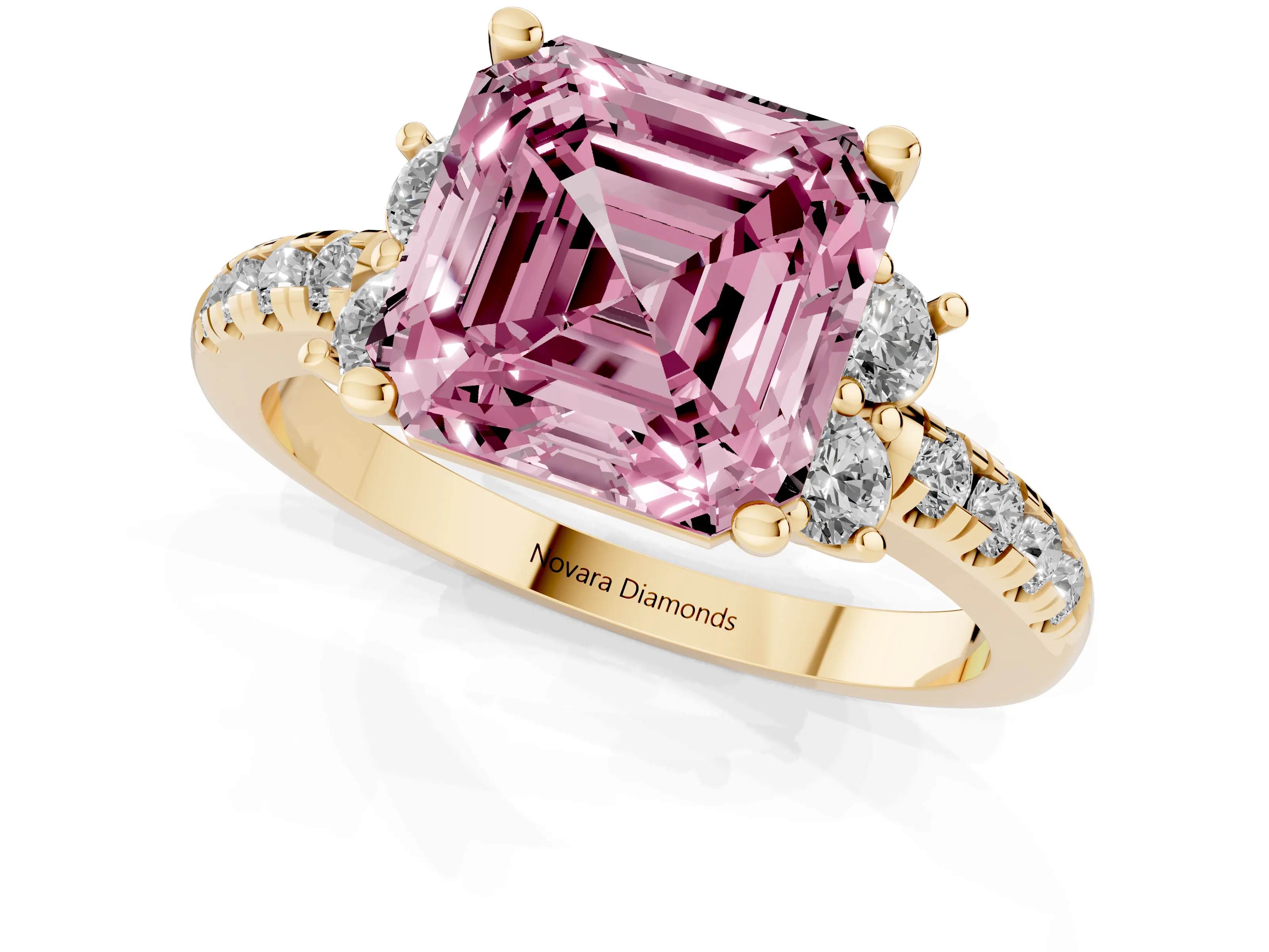 Fancy Pink Asscher Cut Diamond Three-Stone Pavé Ring Set in Yellow gold with Prong Setting