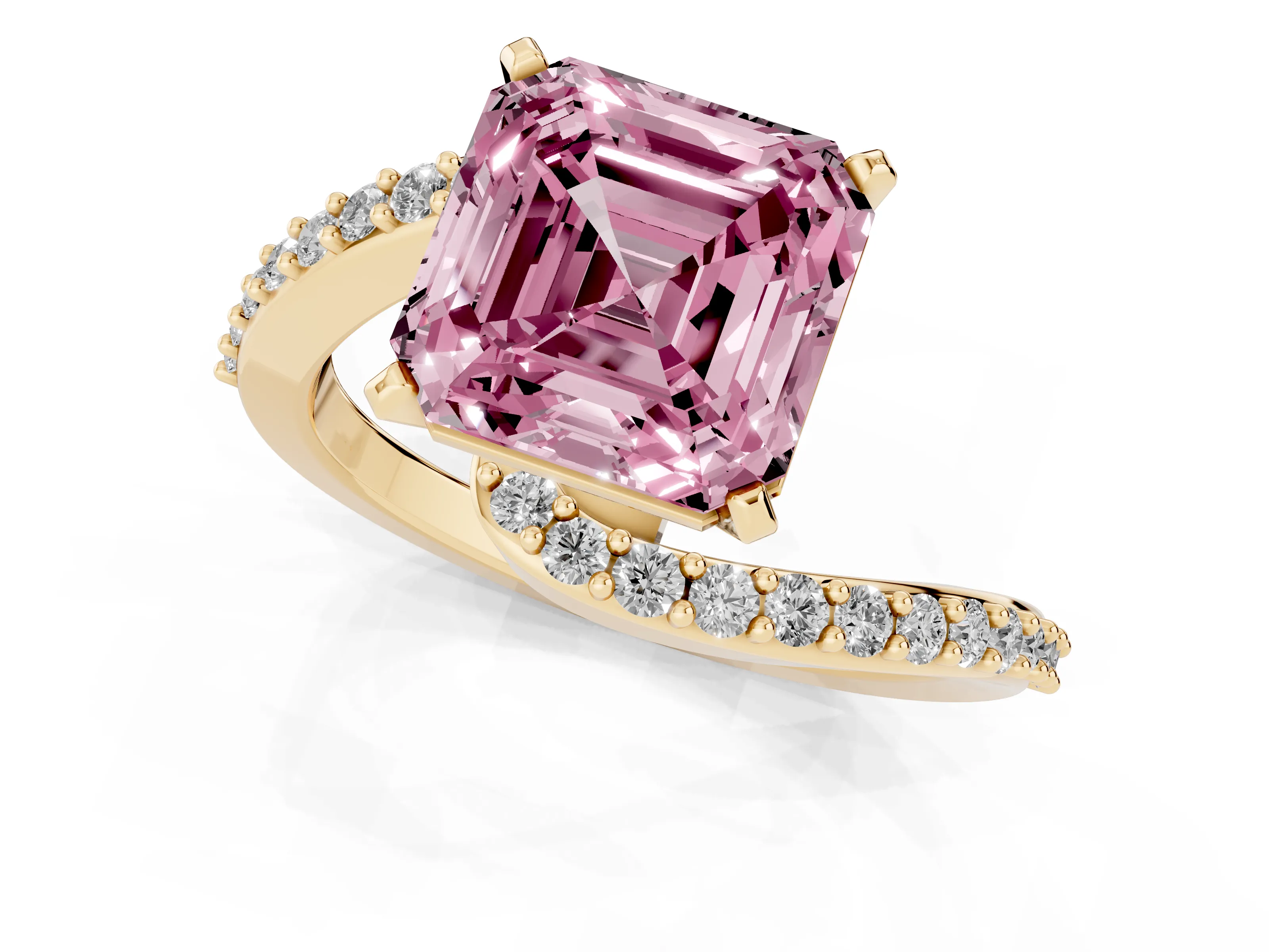 Fancy Pink Asscher Cut Diamond Solitaire Ring Set in Yellow gold with Pavé Twist Band and Prong Setting